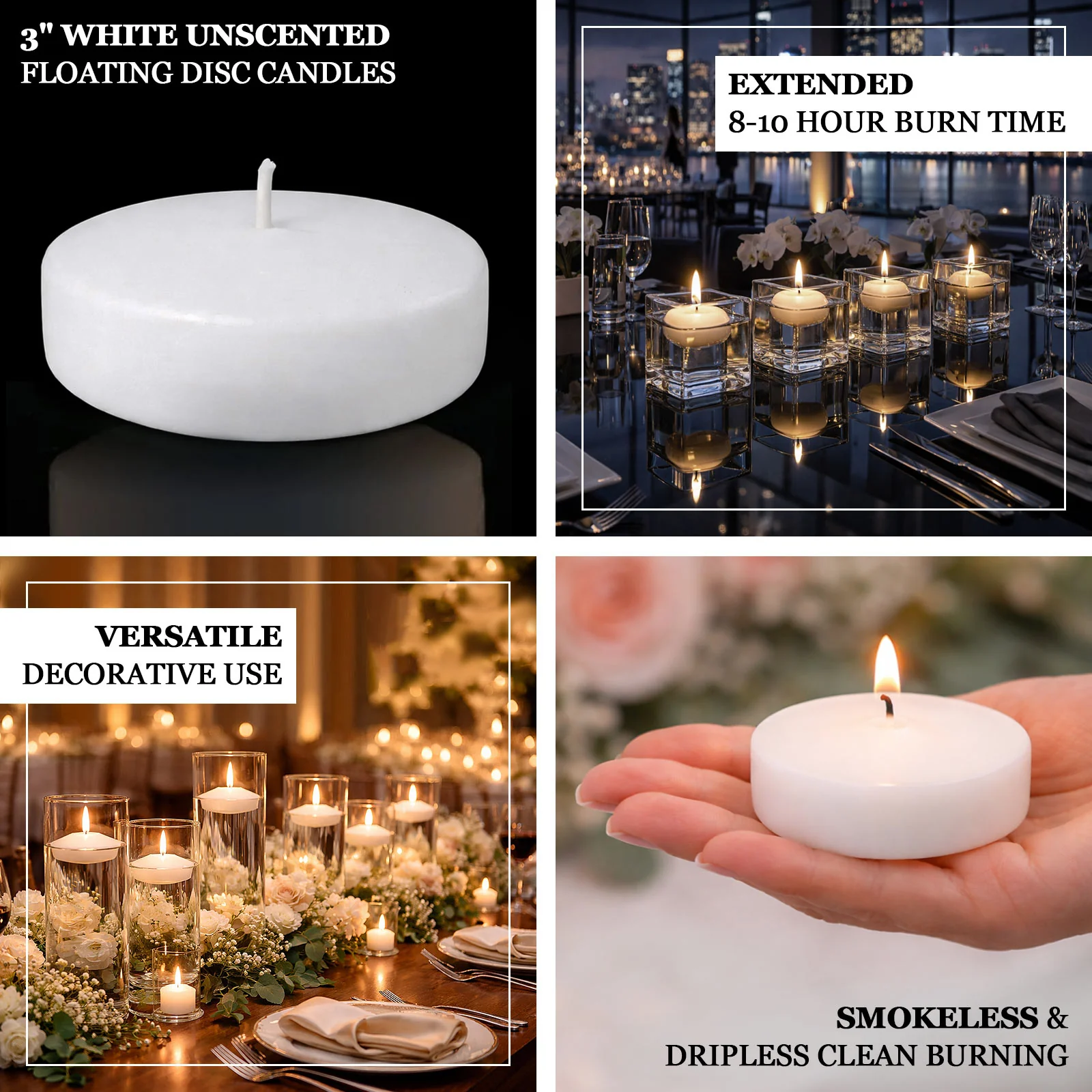 24 Pack White Floating Candles 3" – Unscented 8–10 Hour Burn, Dripless & Smokeless Disc Candles - Image 4