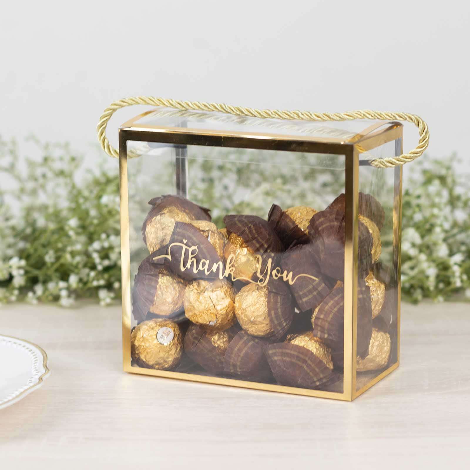 25 Pack Gold Trimmed Clear PVC Gift Boxes with Rope Handles and Thank You Print, Transparent Portable Candy Favor Boxes - 5.5"x5.5" - Image 2