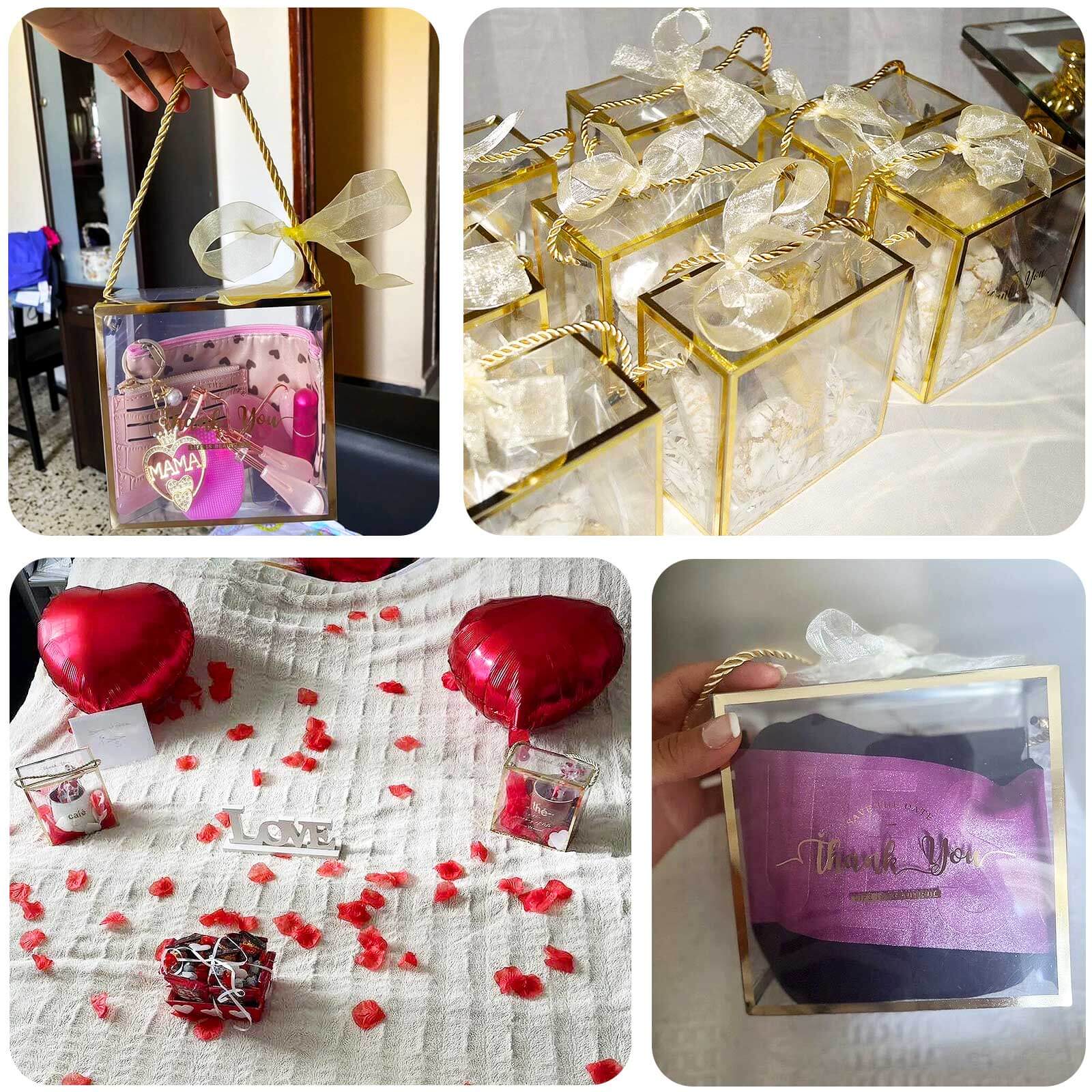 25 Pack Gold Trimmed Clear PVC Gift Boxes with Rope Handles and Thank You Print, Transparent Portable Candy Favor Boxes - 5.5"x5.5" - Image 5
