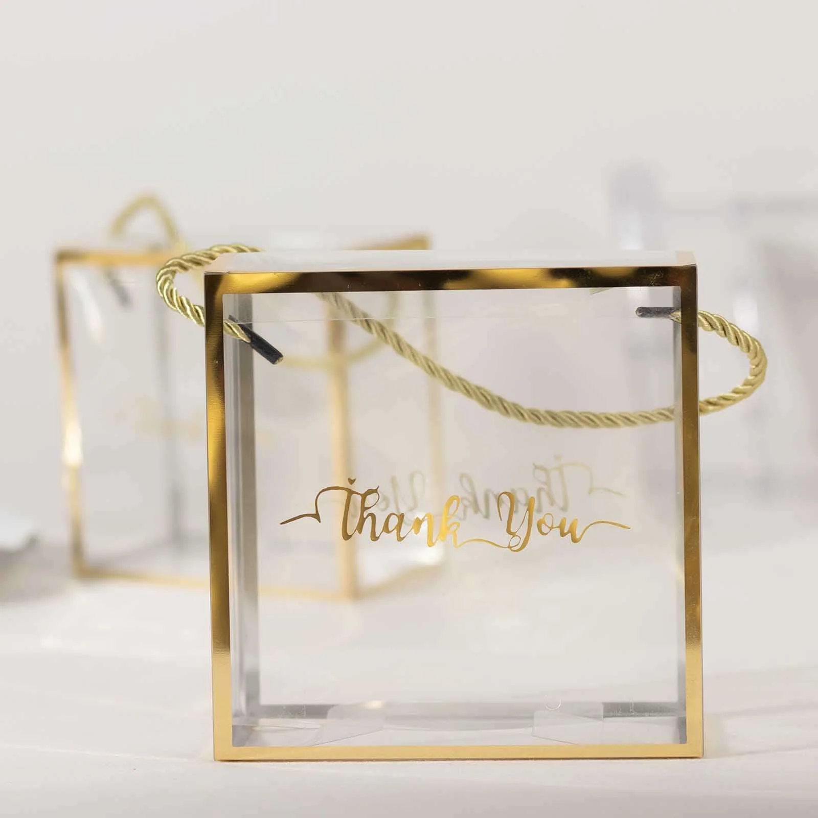 25 Pack Gold Trimmed Clear PVC Gift Boxes with Rope Handles and Thank You Print, Transparent Portable Candy Favor Boxes - 5.5"x5.5" - Image 7