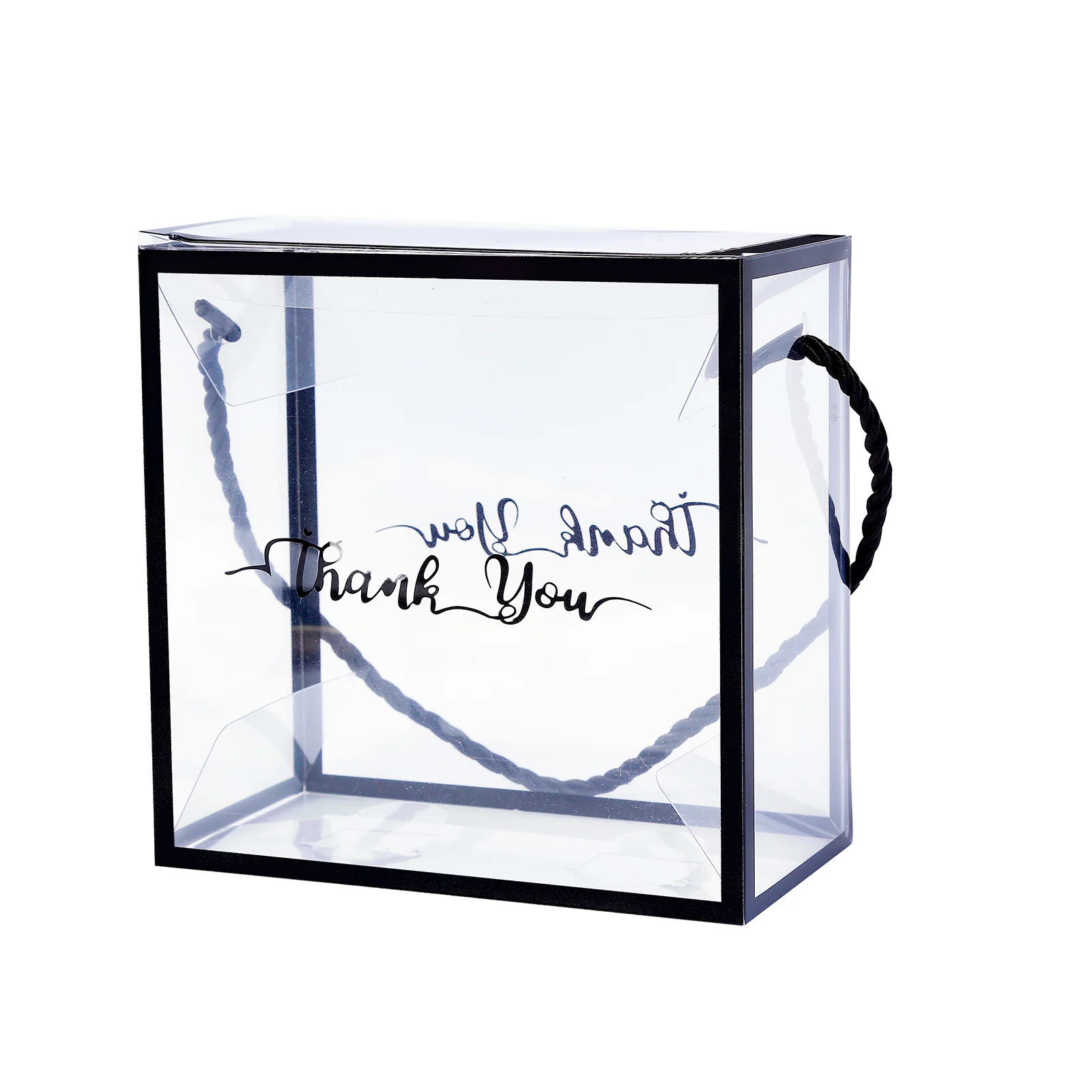 25 Pack Clear PVC Gift Boxes with Black Edge Rope Handles and Thank You Print, Transparent Portable Candy Favor Boxes - 5.5"x5.5" - Image 2