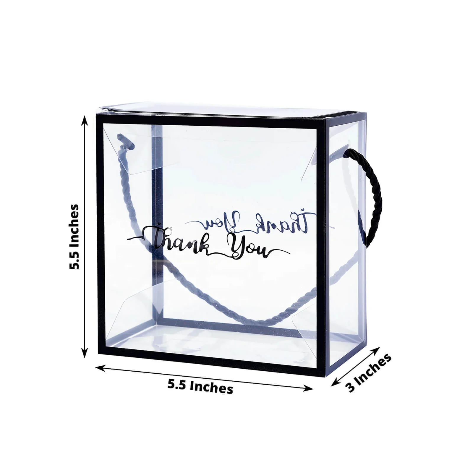 25 Pack Clear PVC Gift Boxes with Black Edge Rope Handles and Thank You Print, Transparent Portable Candy Favor Boxes - 5.5"x5.5" - Image 3