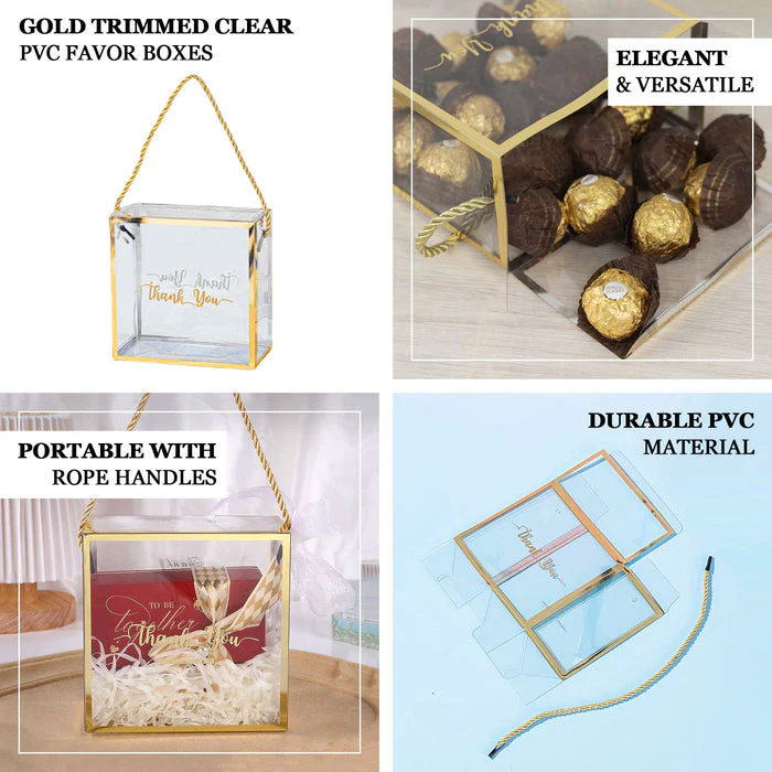 25 Pack Clear PVC Gift Boxes with Black Edge Rope Handles and Thank You Print, Transparent Portable Candy Favor Boxes - 5.5"x5.5" - Image 5