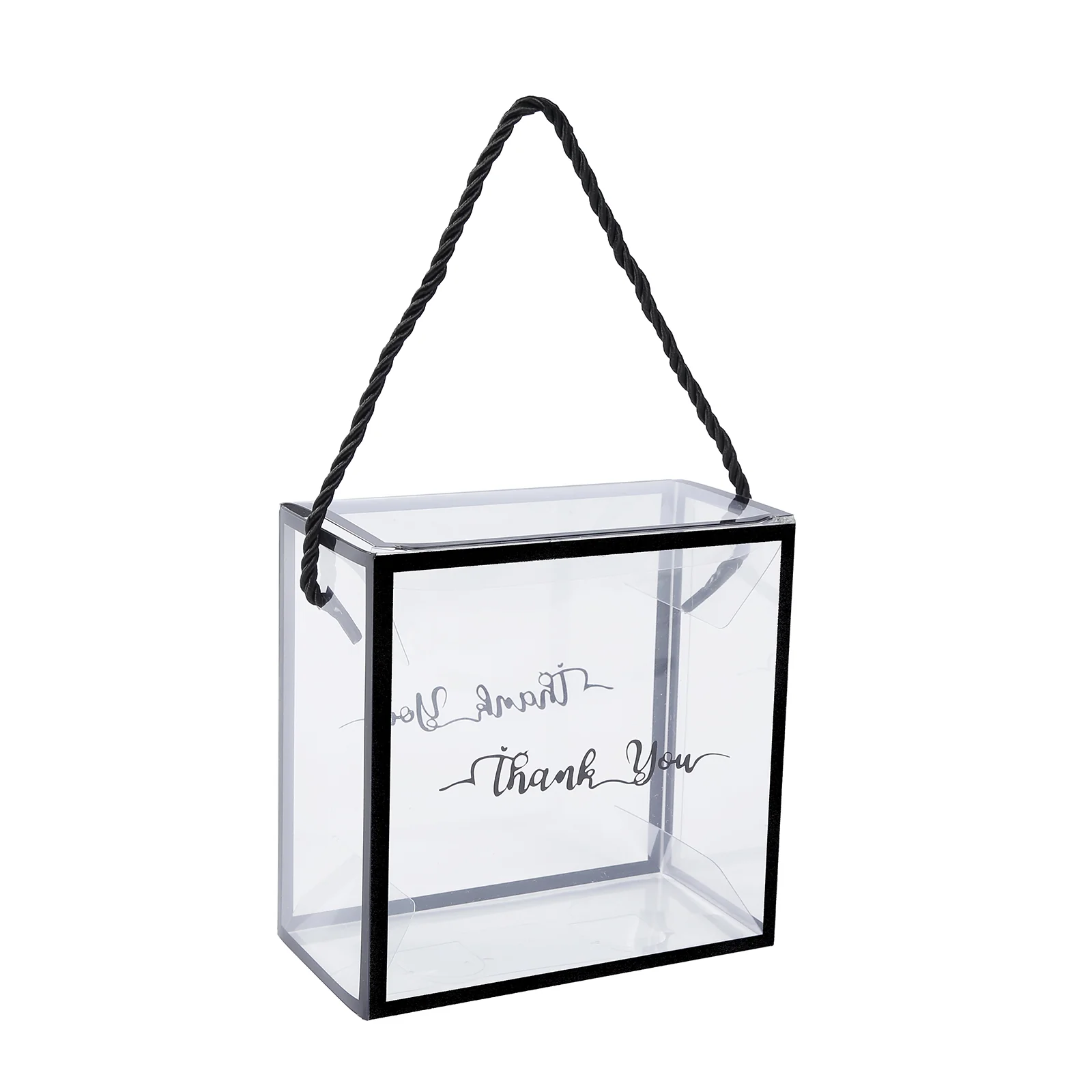 25 Pack Clear PVC Gift Boxes with Black Edge Rope Handles and Thank You Print, Transparent Portable Candy Favor Boxes - 5.5"x5.5" - Image 6