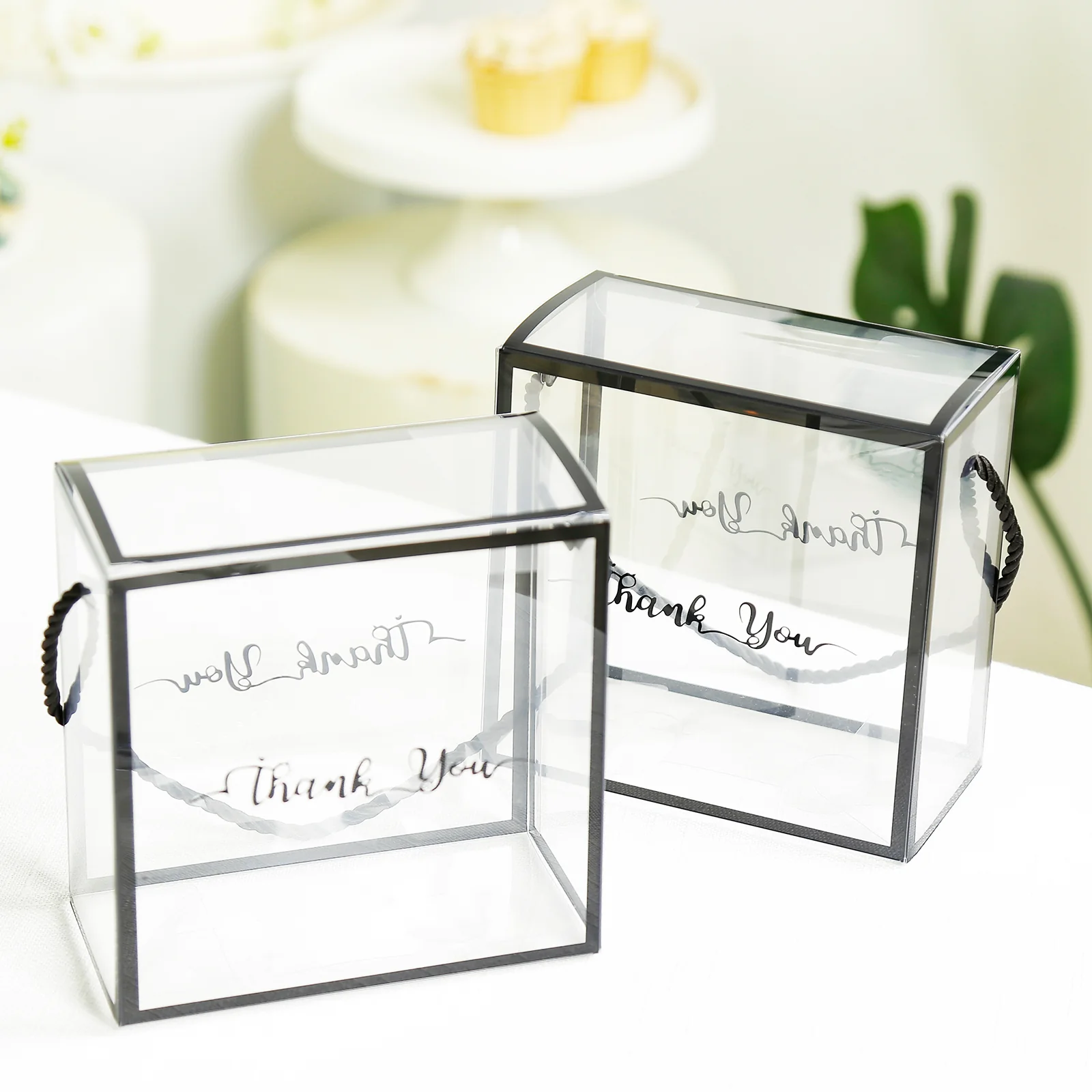 25 Pack Clear PVC Gift Boxes with Black Edge Rope Handles and Thank You Print, Transparent Portable Candy Favor Boxes - 5.5"x5.5" - Image 7