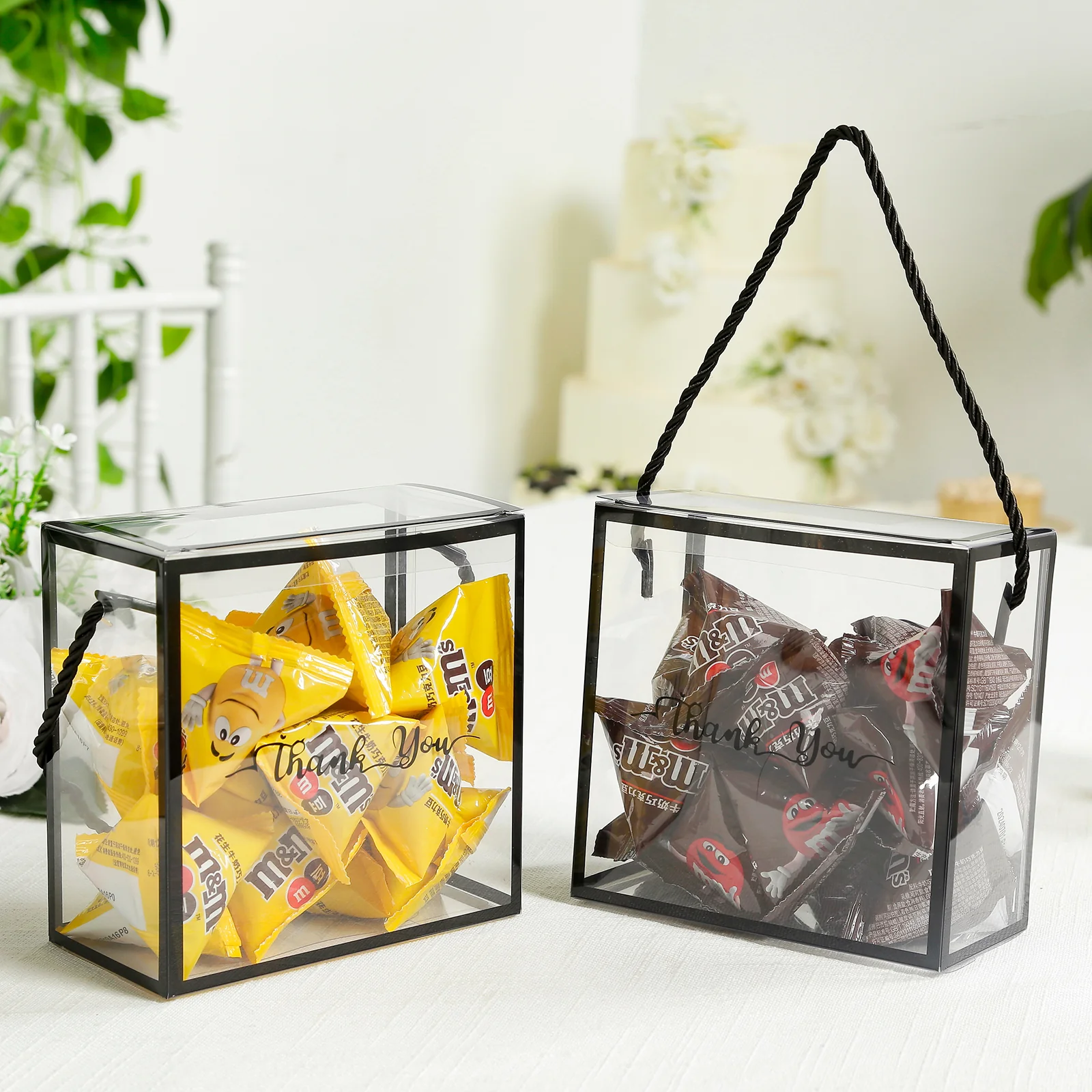 25 Pack Clear PVC Gift Boxes with Black Edge Rope Handles and Thank You Print, Transparent Portable Candy Favor Boxes - 5.5"x5.5" - Image 9