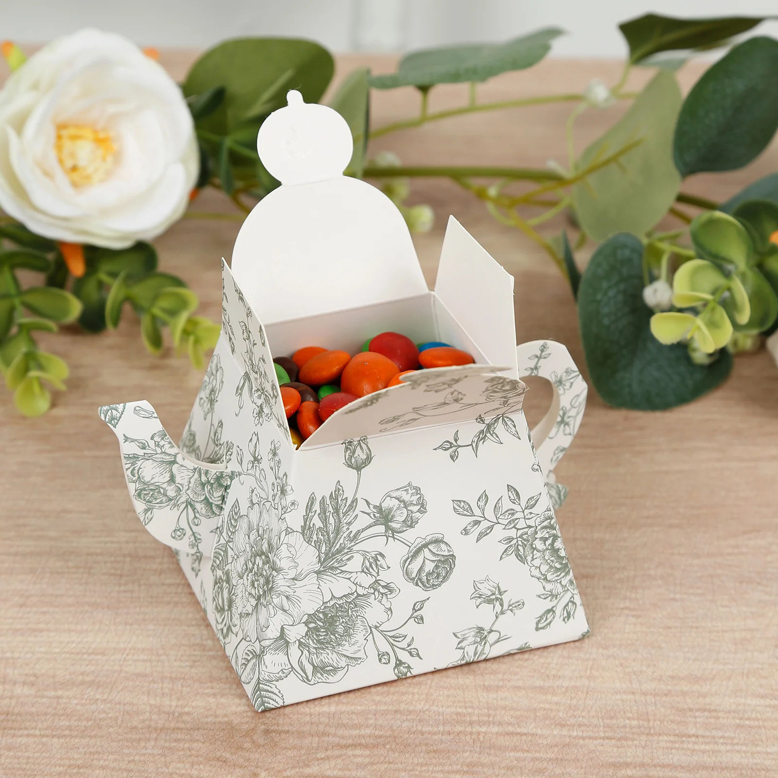 25 Pack 5"x4" Mini Teapot Favor Boxes – White Sage Green French Toile Design Gift Boxes - Image 4