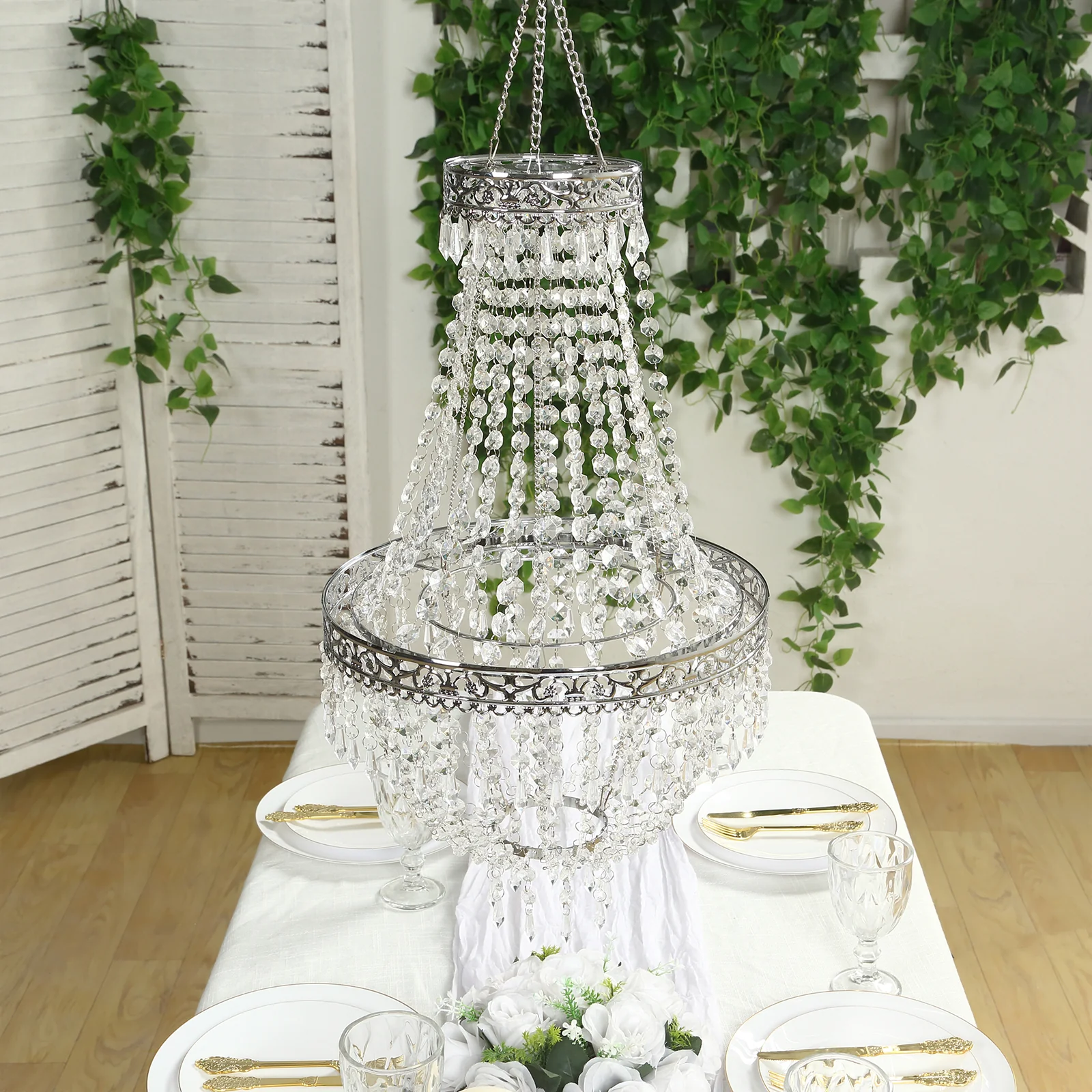 2ft Empire Style Beaded Crystal Chandelier with Silver Ornate Metal Frame, Adjustable Hanging Farmhouse Pendant Ceiling Lighting - Image 10
