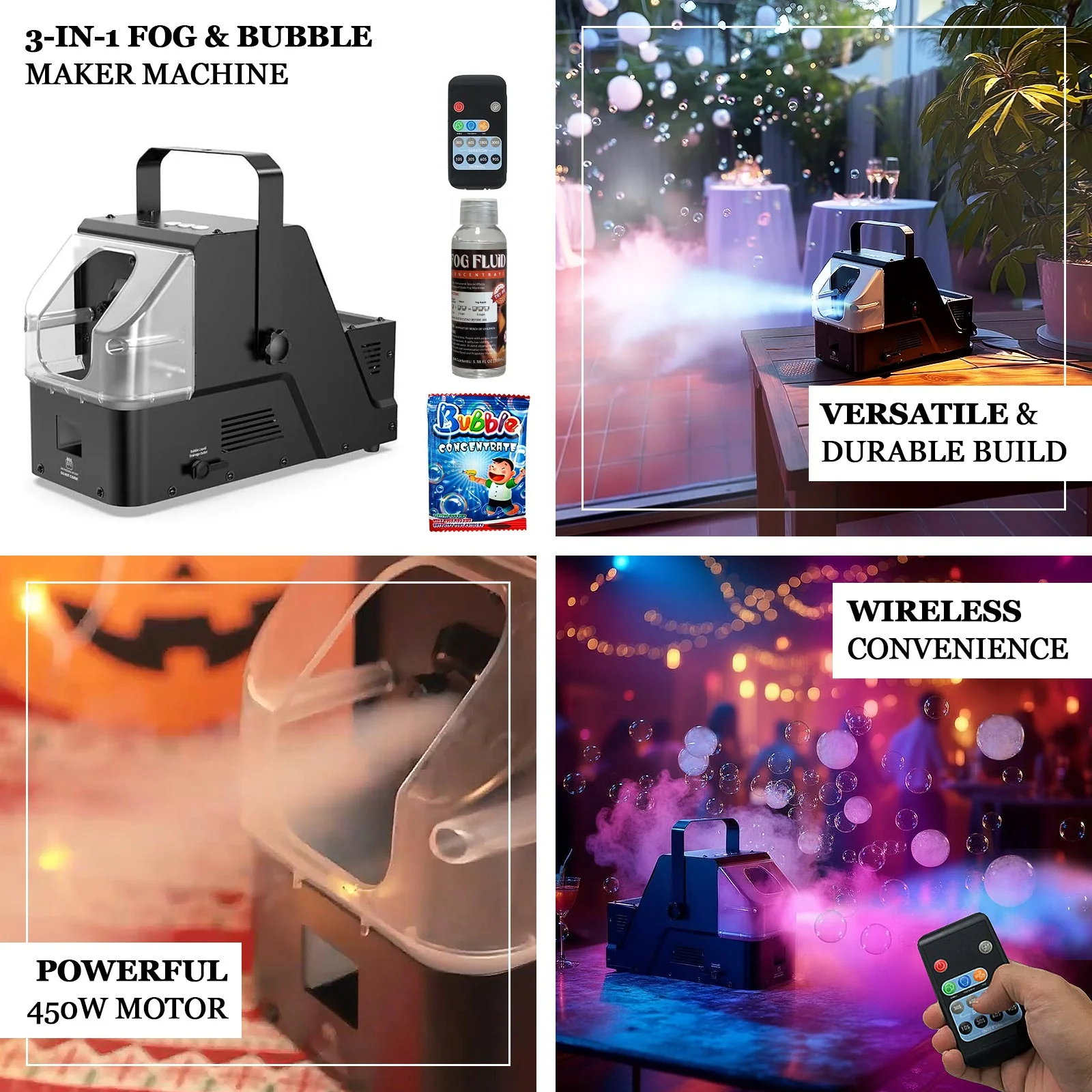 450W 3-in-1 Fog Bubble Machine with Wireless Remote – 550ml Smoke & Bubble Maker for DJ, Stage, Wedding, Halloween & Party Effects - Image 4
