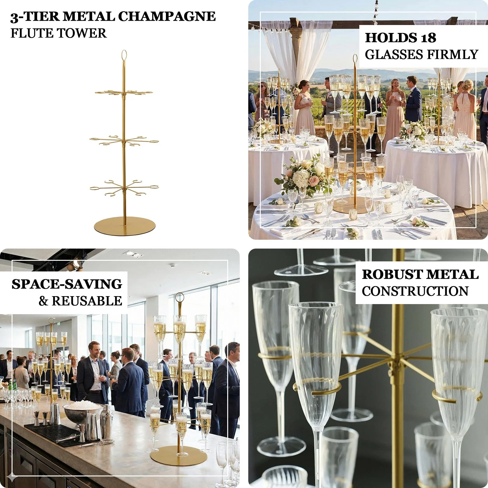 3-Tier Champagne Glass Holder Tower Gold - Modern Metal Flute Display Rack Cocktail Tree Stand for Professional & Home Use 33" - Image 4