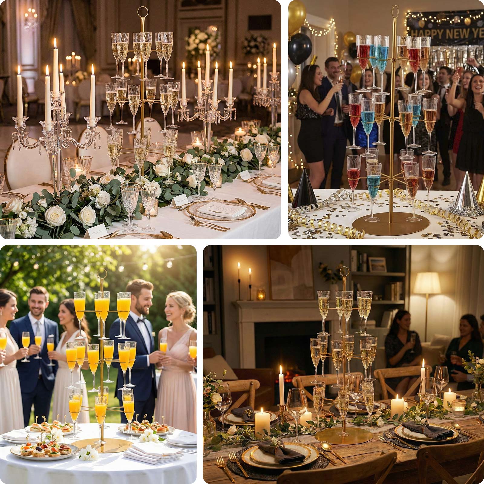 3-Tier Champagne Glass Holder Tower Gold - Modern Metal Flute Display Rack Cocktail Tree Stand for Professional & Home Use 33" - Image 5