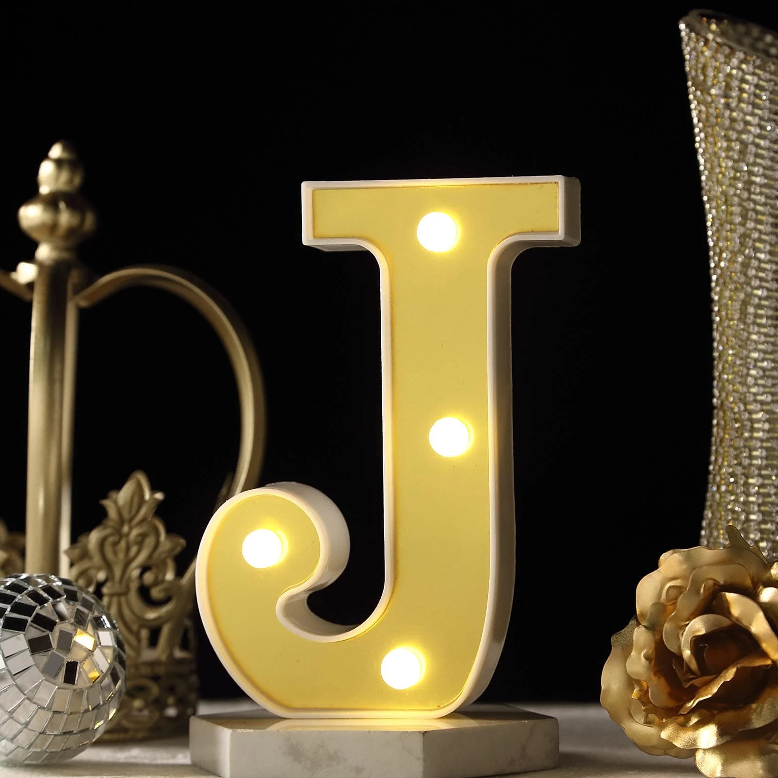3D Marquee Letter "J" Warm White 4 LED Lights Gold - Chic Light-Up Decor for Events 6" - Image 2