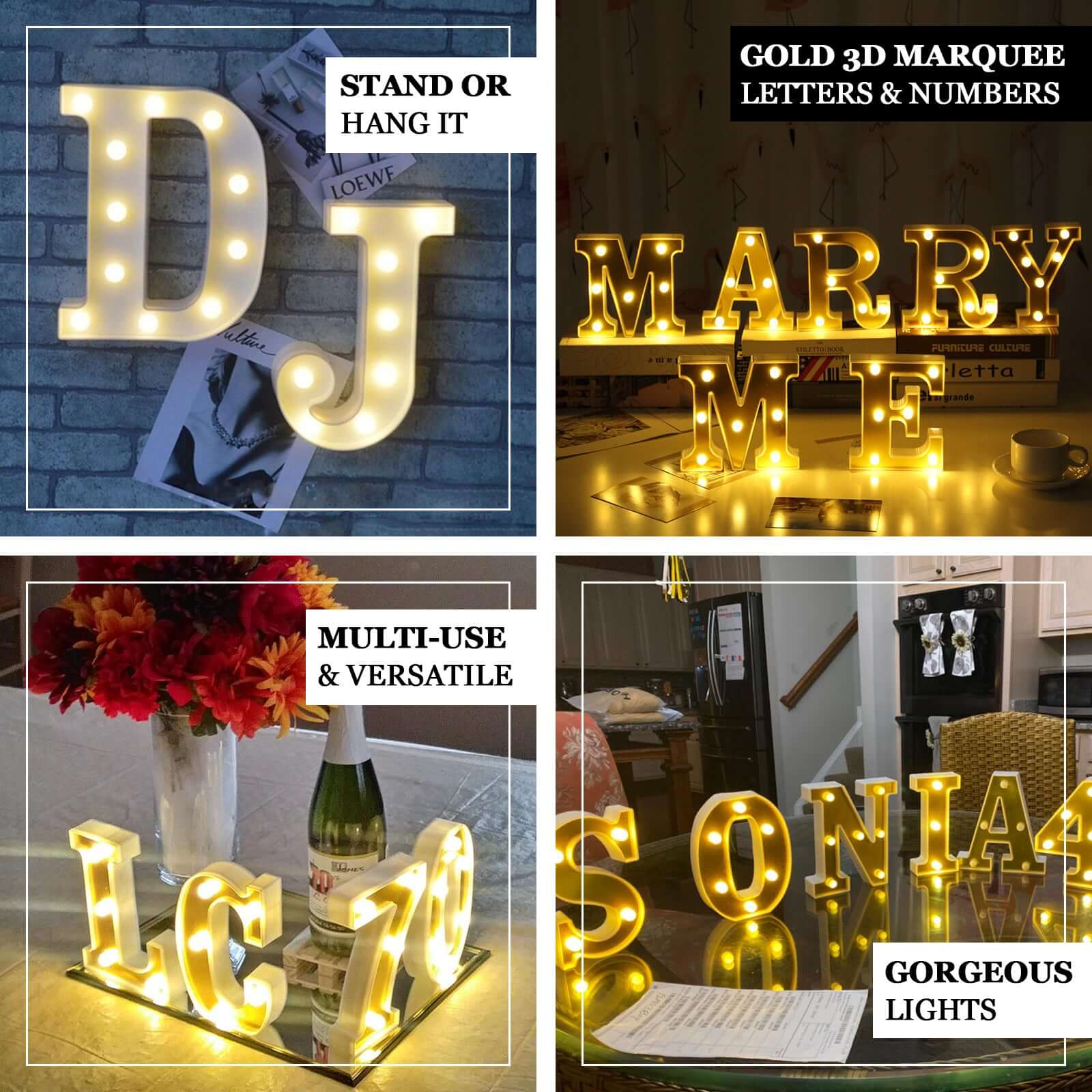 3D Marquee Letter "J" Warm White 4 LED Lights Gold - Chic Light-Up Decor for Events 6" - Image 4