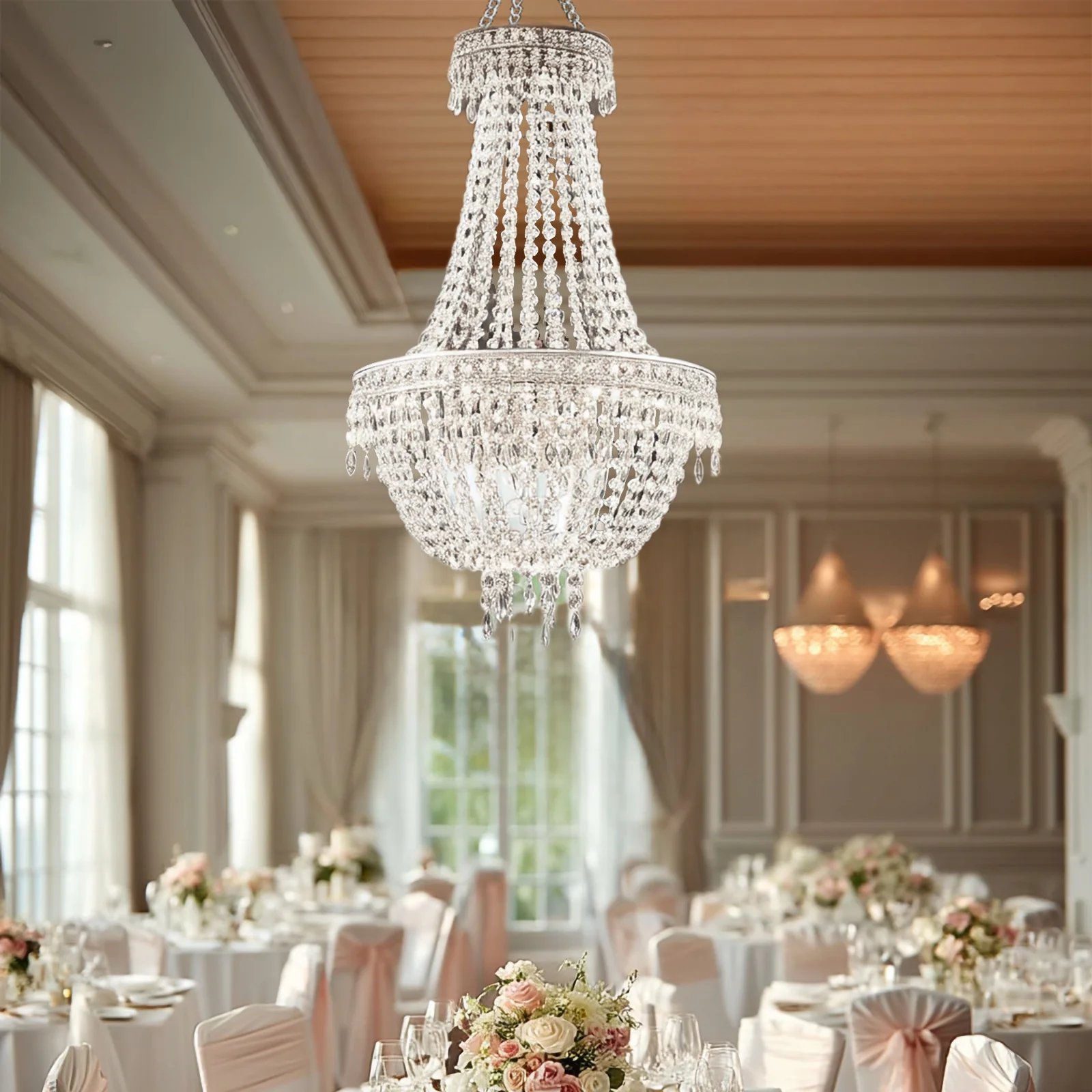 3ft Empire Style Beaded Crystal Chandelier with Silver Ornate Metal Frame, Adjustable Hanging Farmhouse Pendant Ceiling Lighting - Image 11