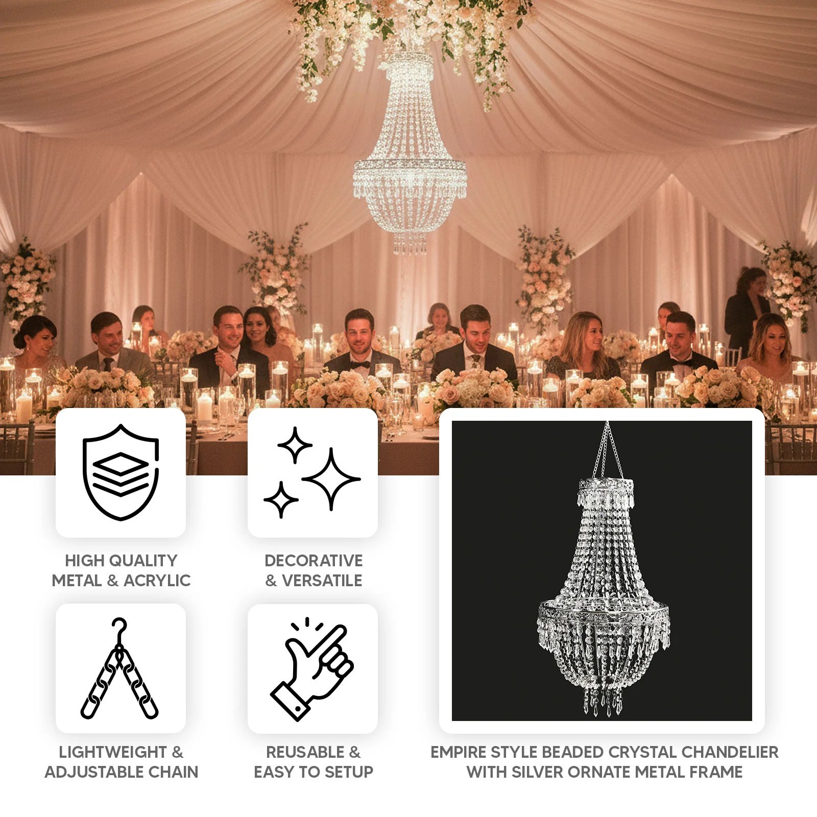 3ft Empire Style Beaded Crystal Chandelier with Silver Ornate Metal Frame, Adjustable Hanging Farmhouse Pendant Ceiling Lighting - Image 4