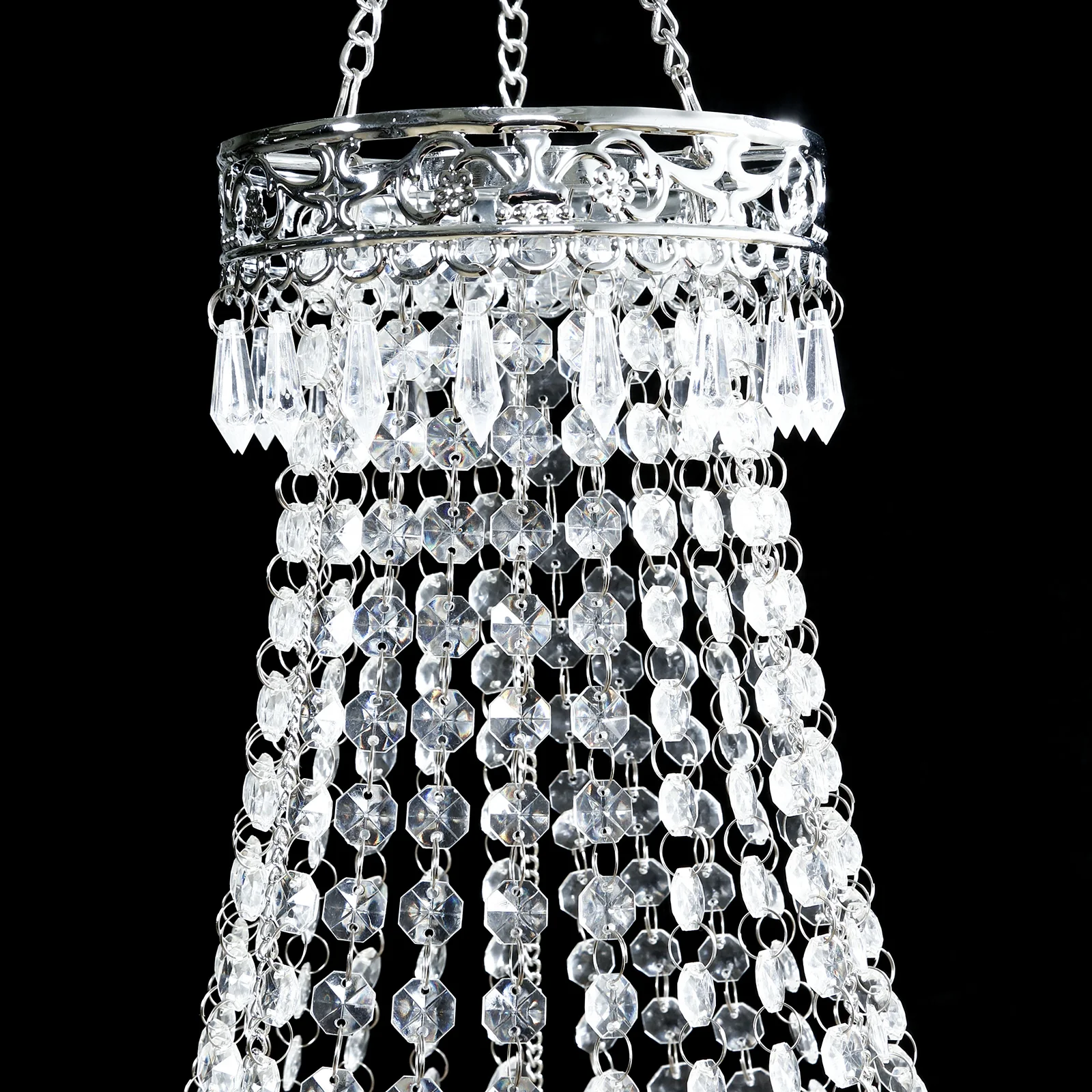 3ft Empire Style Beaded Crystal Chandelier with Silver Ornate Metal Frame, Adjustable Hanging Farmhouse Pendant Ceiling Lighting - Image 6