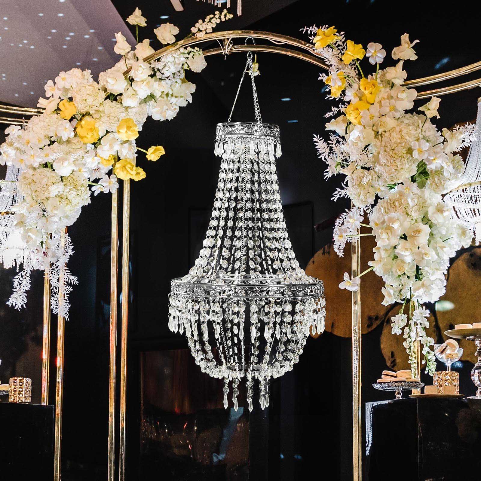 3ft Empire Style Beaded Crystal Chandelier with Silver Ornate Metal Frame, Adjustable Hanging Farmhouse Pendant Ceiling Lighting - Image 7