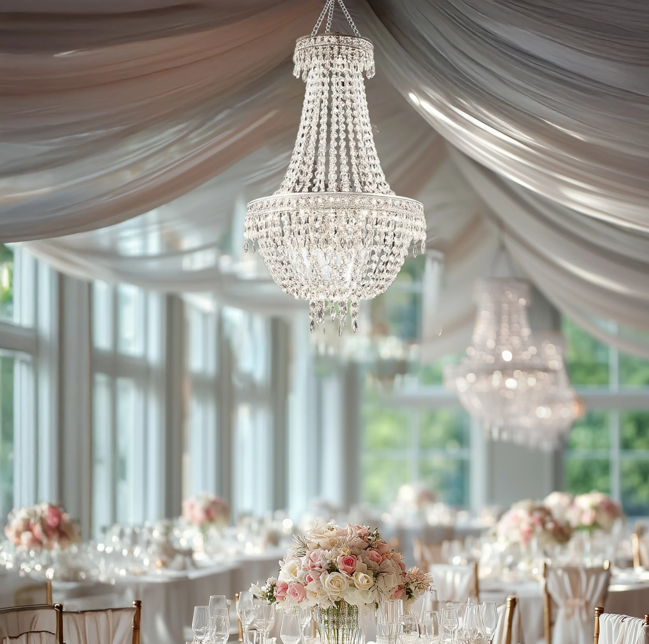 3ft Empire Style Beaded Crystal Chandelier with Silver Ornate Metal Frame, Adjustable Hanging Farmhouse Pendant Ceiling Lighting - Image 8