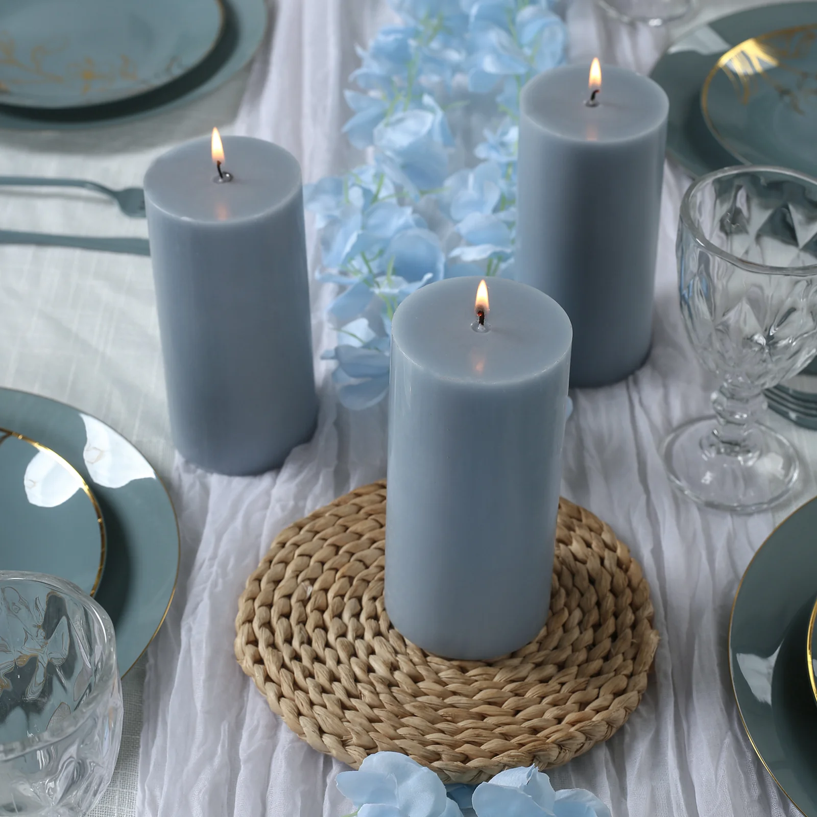 12-Pack 3"x6" Unscented Dripless Pillar Candles – Dusty Blue Long-Burning Paraffin Wax with Cotton Wicks - Image 2