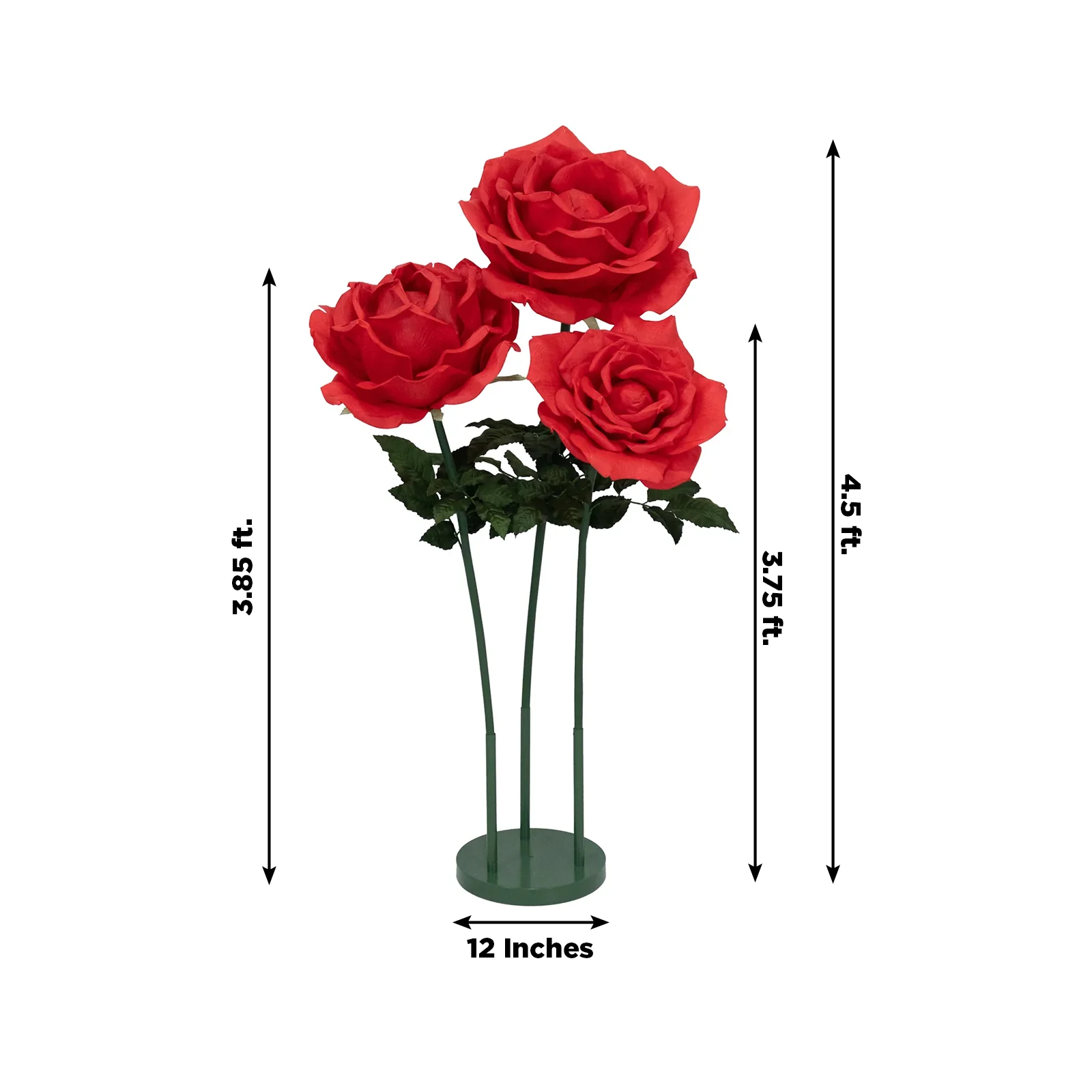 Giant Red Artificial Rose Set with Base, 3 Pcs Standing Faux Flowers Up to 4.5ft Tall for Photo Booths, Parties & Event Backdrops - Image 3