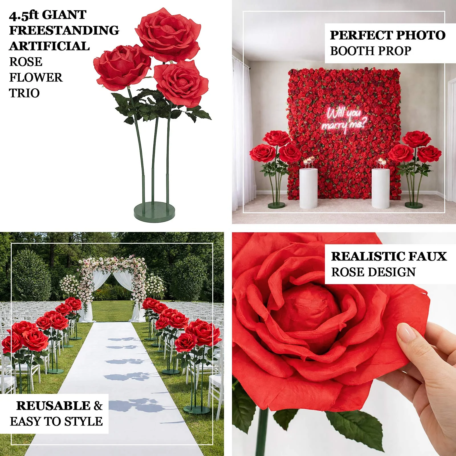 Giant Red Artificial Rose Set with Base, 3 Pcs Standing Faux Flowers Up to 4.5ft Tall for Photo Booths, Parties & Event Backdrops - Image 5