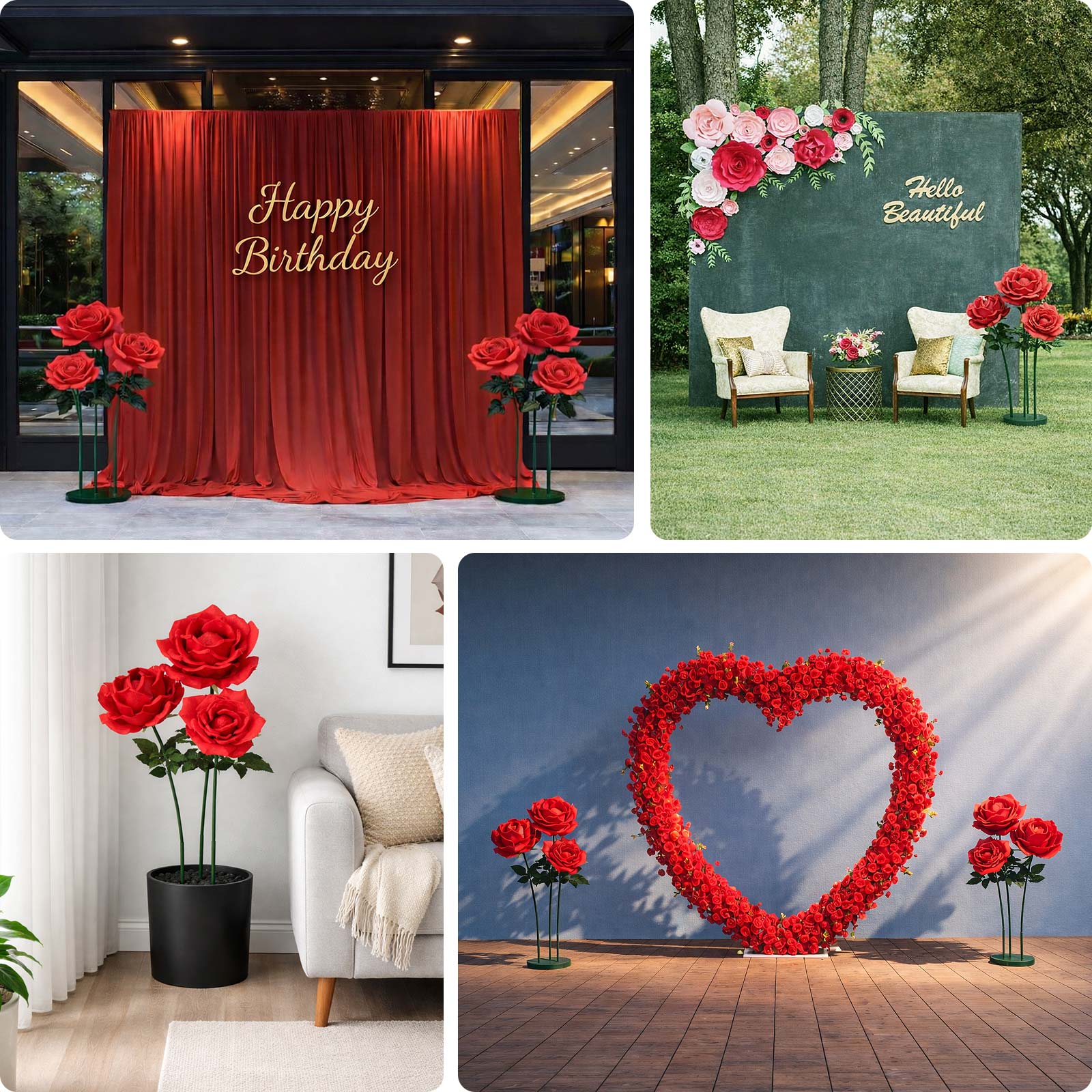 Giant Red Artificial Rose Set with Base, 3 Pcs Standing Faux Flowers Up to 4.5ft Tall for Photo Booths, Parties & Event Backdrops - Image 6