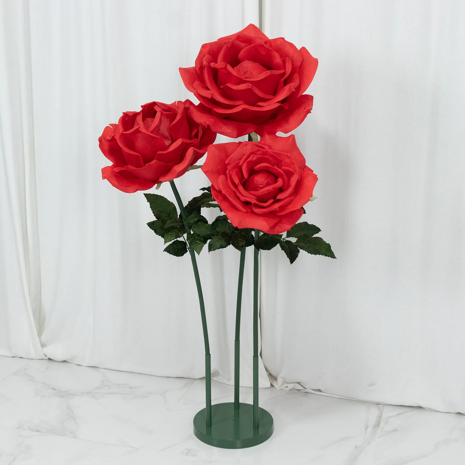 Giant Red Artificial Rose Set with Base, 3 Pcs Standing Faux Flowers Up to 4.5ft Tall for Photo Booths, Parties & Event Backdrops - Image 7