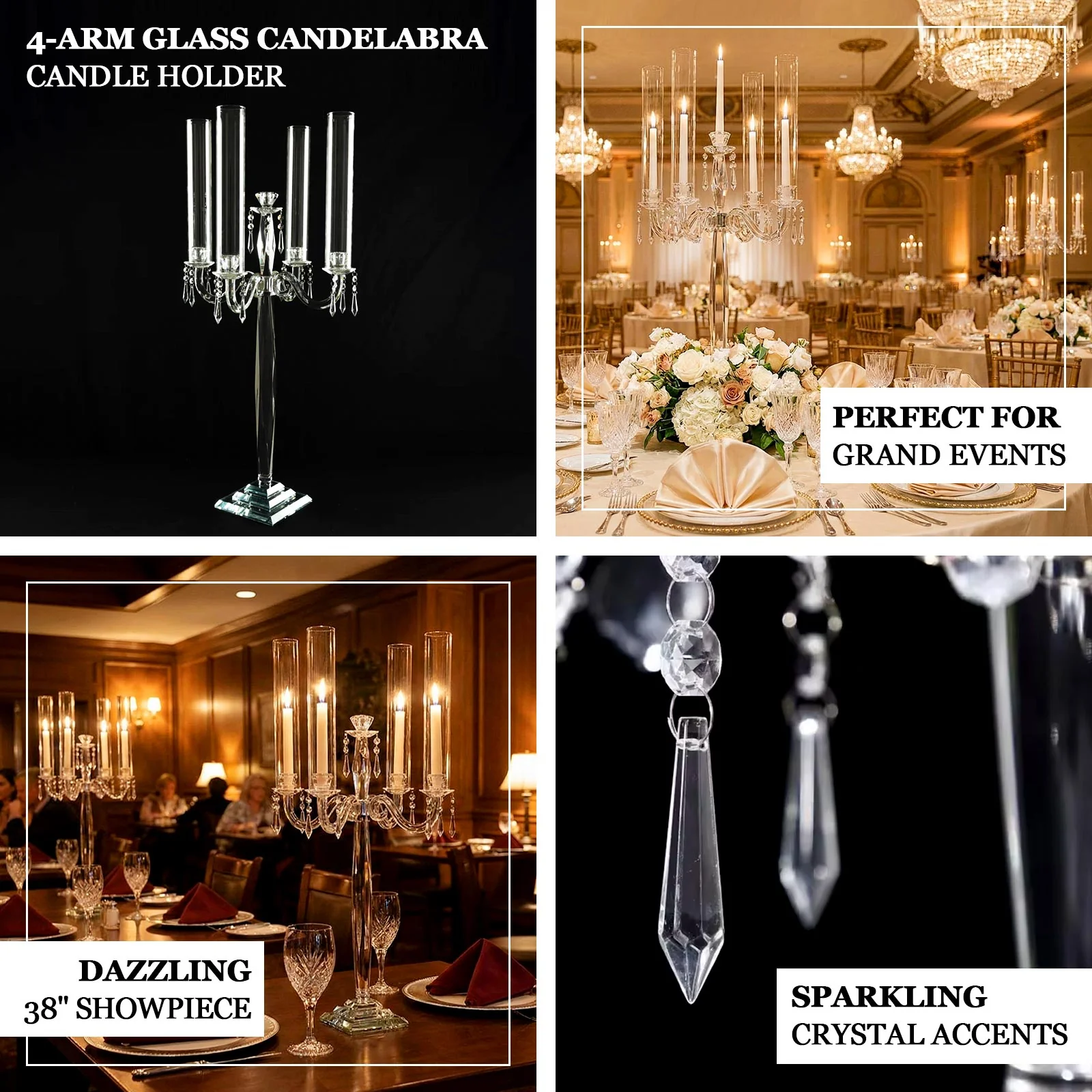 Crystal Candelabra Taper Candle Holder with Hurricane Glass Shades – Elegant Table Centerpiece with Pedestal Base & Hanging Crystal Accents - 38" Tall - Image 4