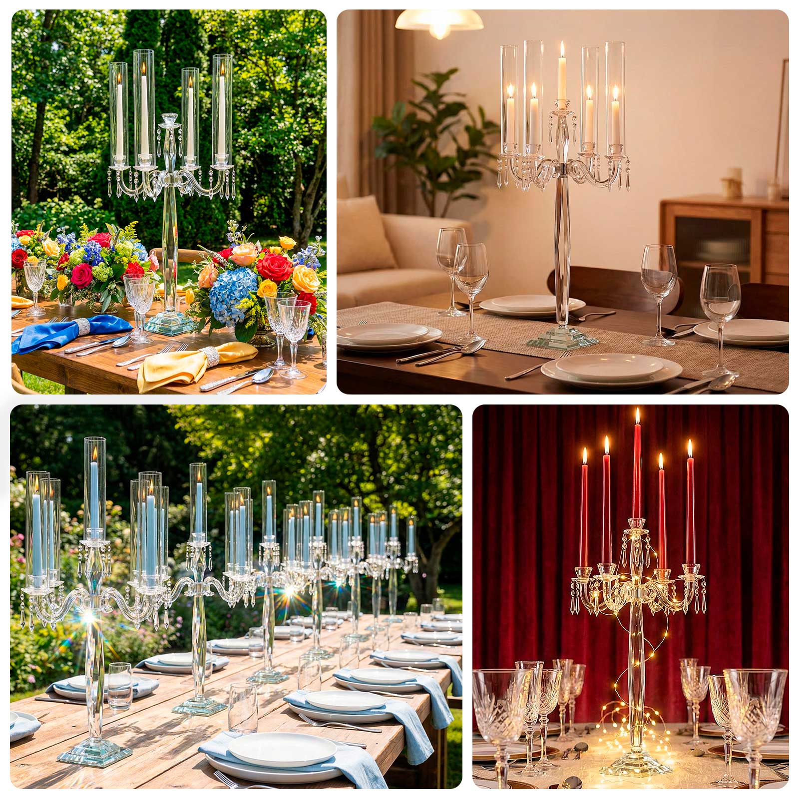 Crystal Candelabra Taper Candle Holder with Hurricane Glass Shades – Elegant Table Centerpiece with Pedestal Base & Hanging Crystal Accents - 38" Tall - Image 5