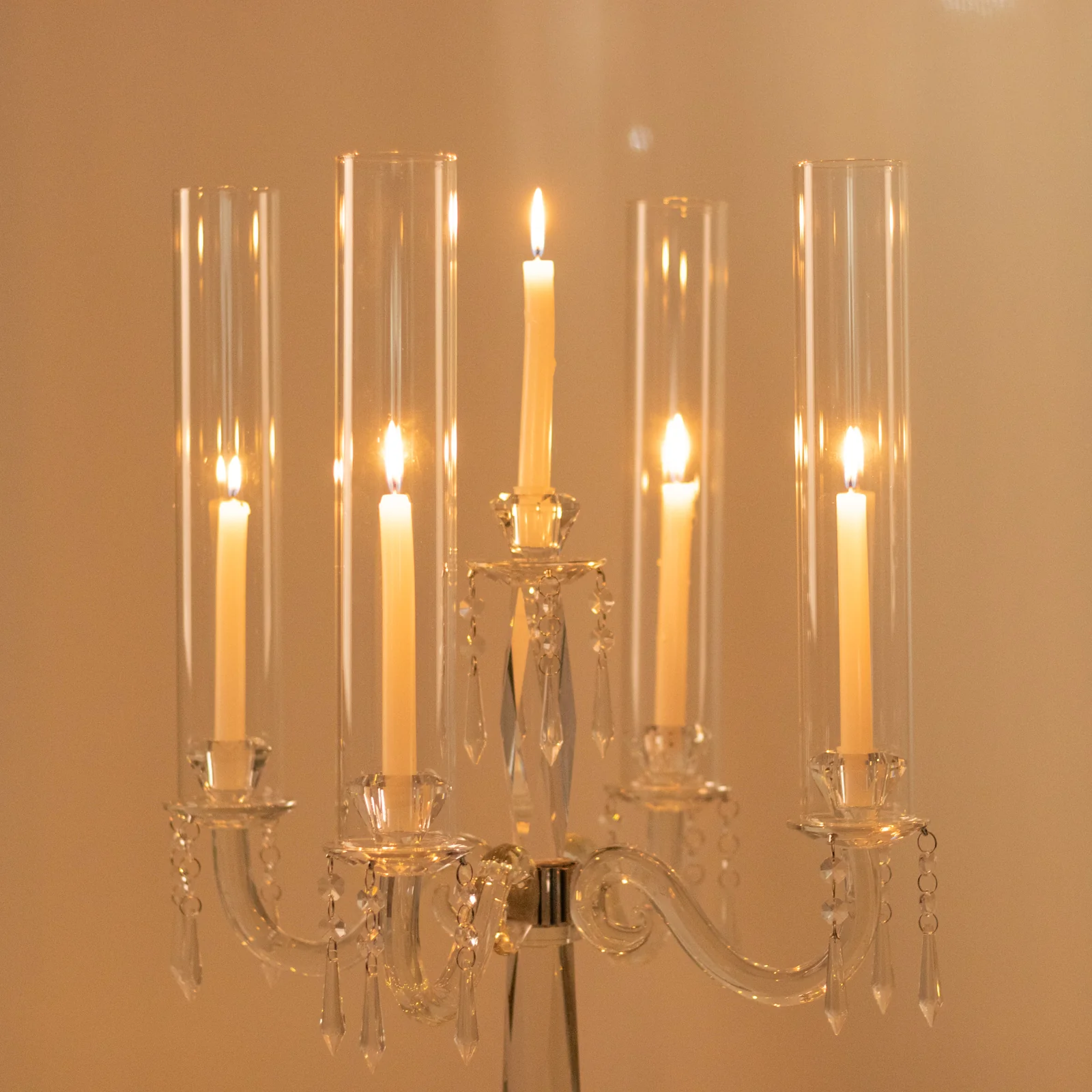 Crystal Candelabra Taper Candle Holder with Hurricane Glass Shades – Elegant Table Centerpiece with Pedestal Base & Hanging Crystal Accents - 38" Tall - Image 7