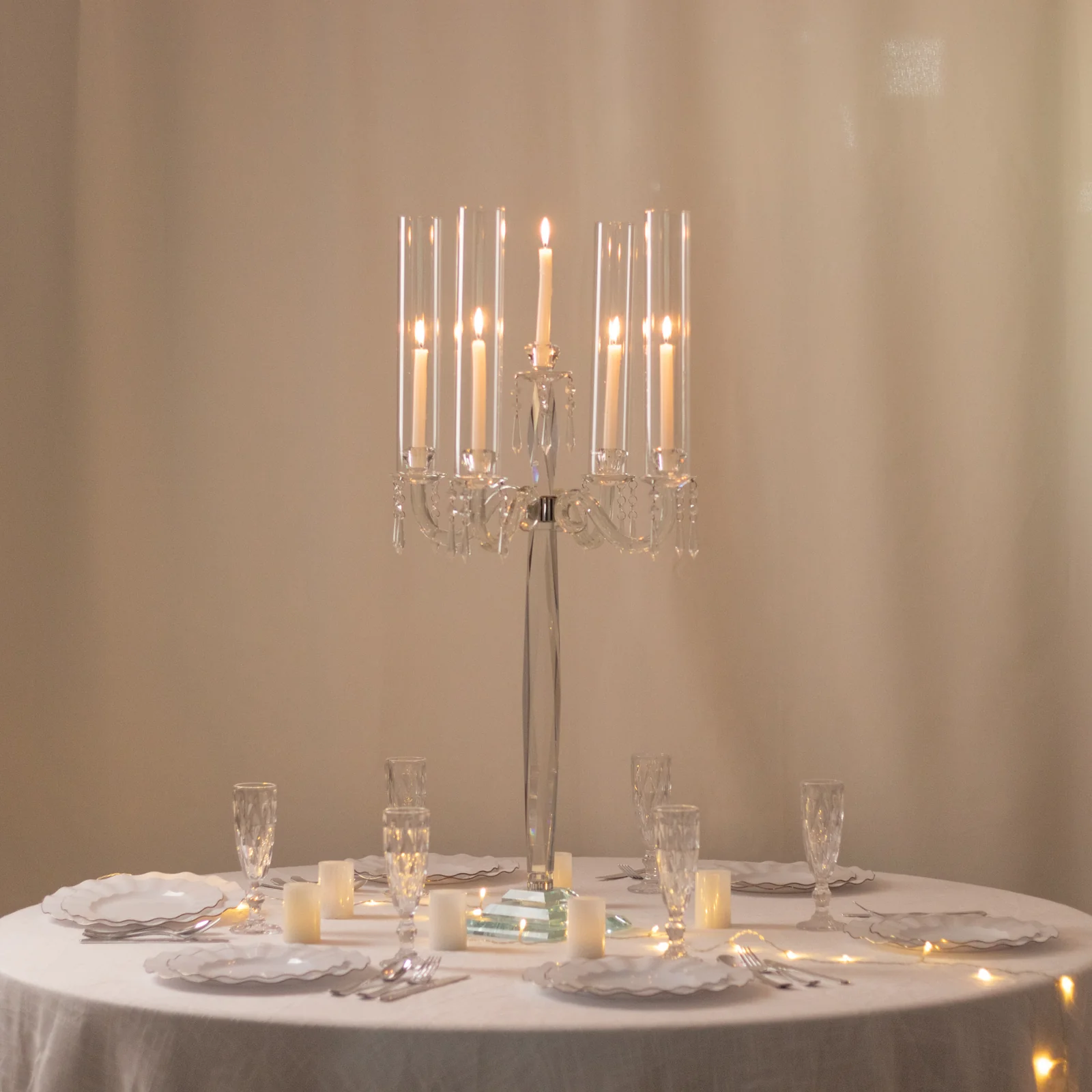 Crystal Candelabra Taper Candle Holder with Hurricane Glass Shades – Elegant Table Centerpiece with Pedestal Base & Hanging Crystal Accents - 38" Tall - Image 9