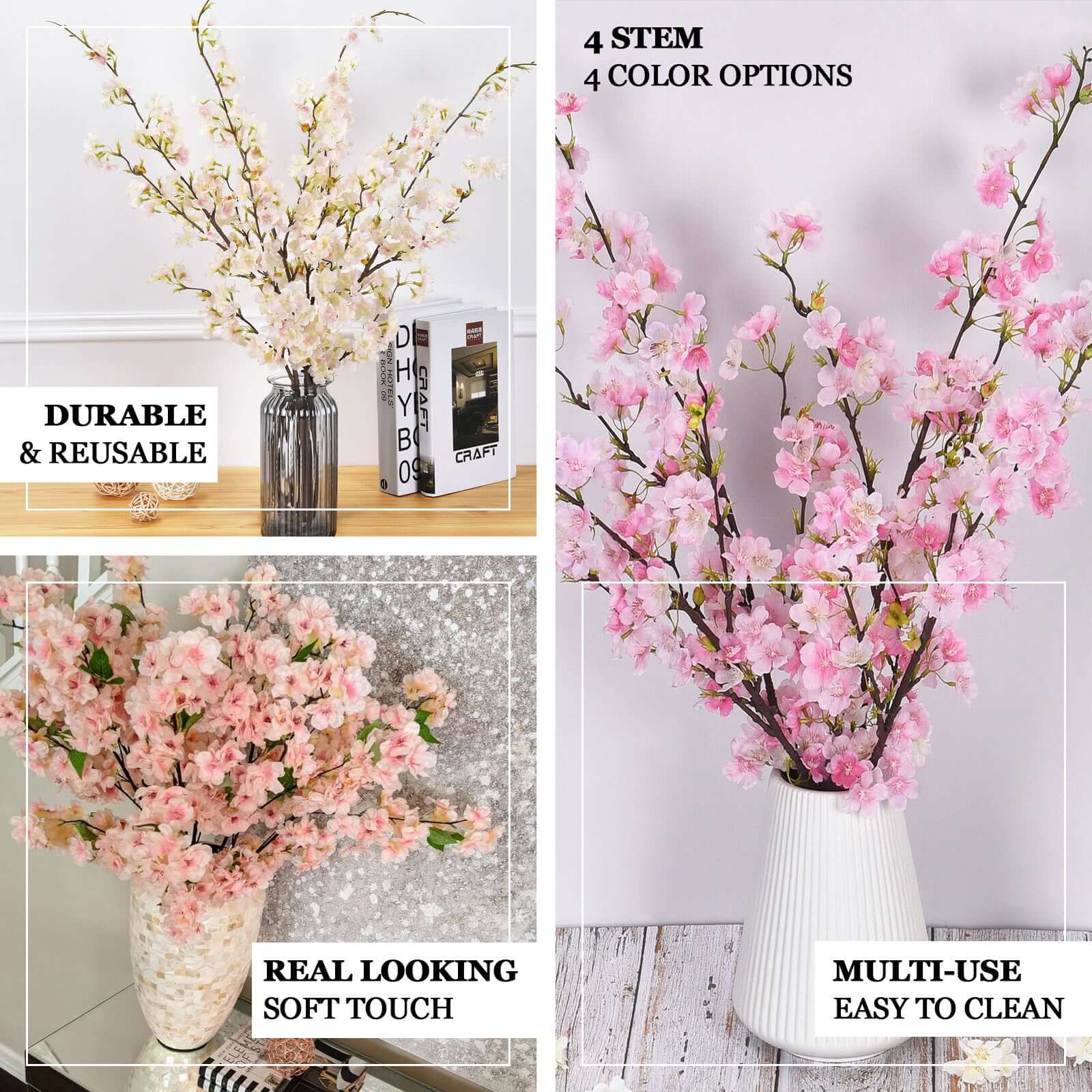 4 Stems Artificial Silk Cherry Blossom Flower Branches Pink – 40" Tall - Image 4