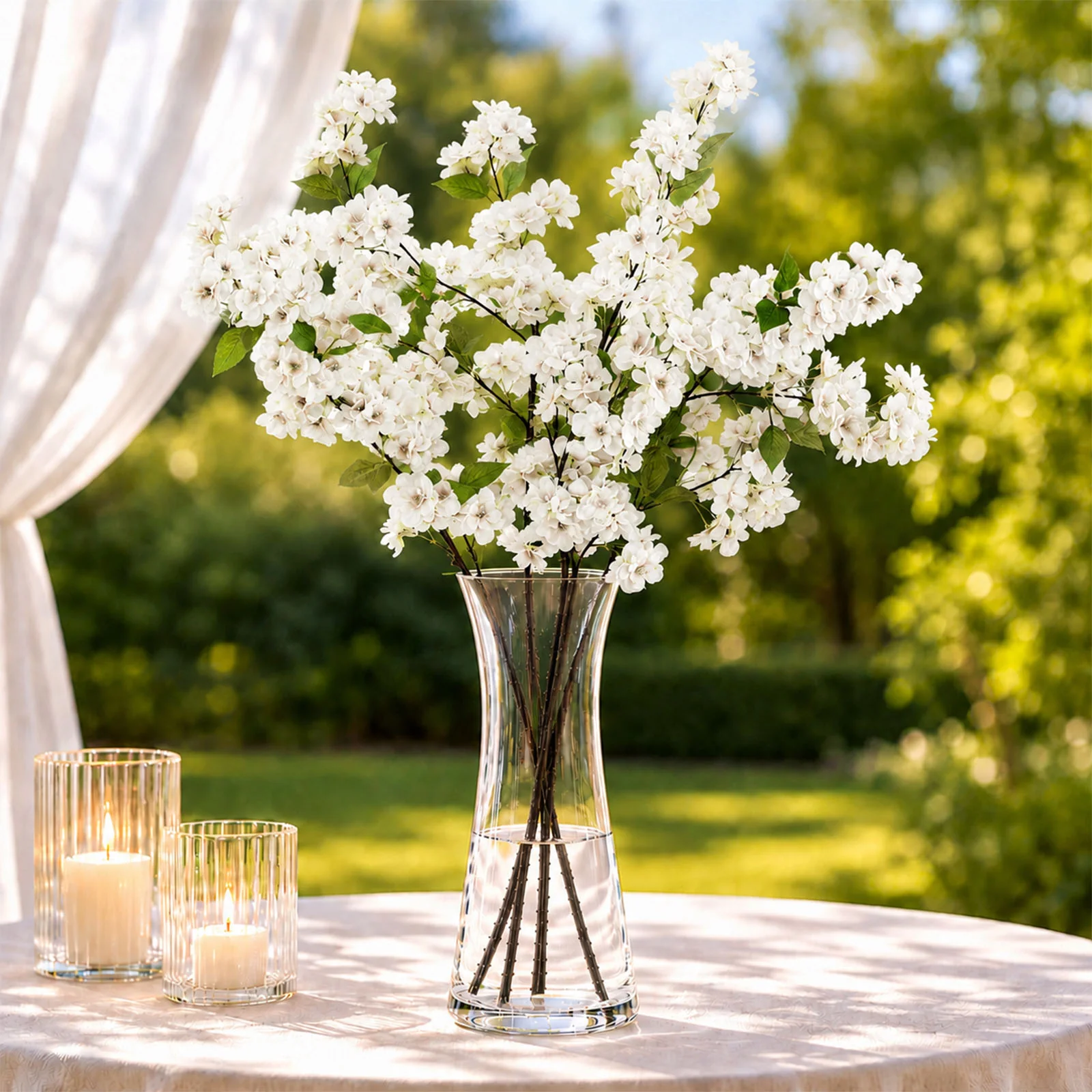 4 Stems Artificial Silk Cherry Blossom Flower Branches White – 40" Tall