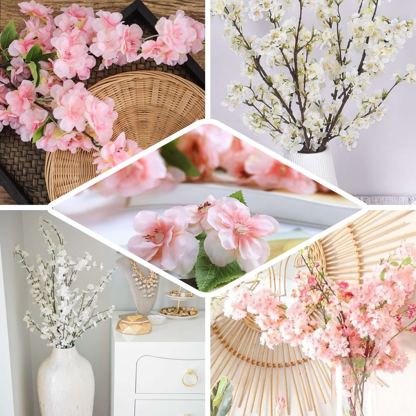 4 Stems Artificial Silk Cherry Blossom Flower Branches White – 40" Tall - Image 5