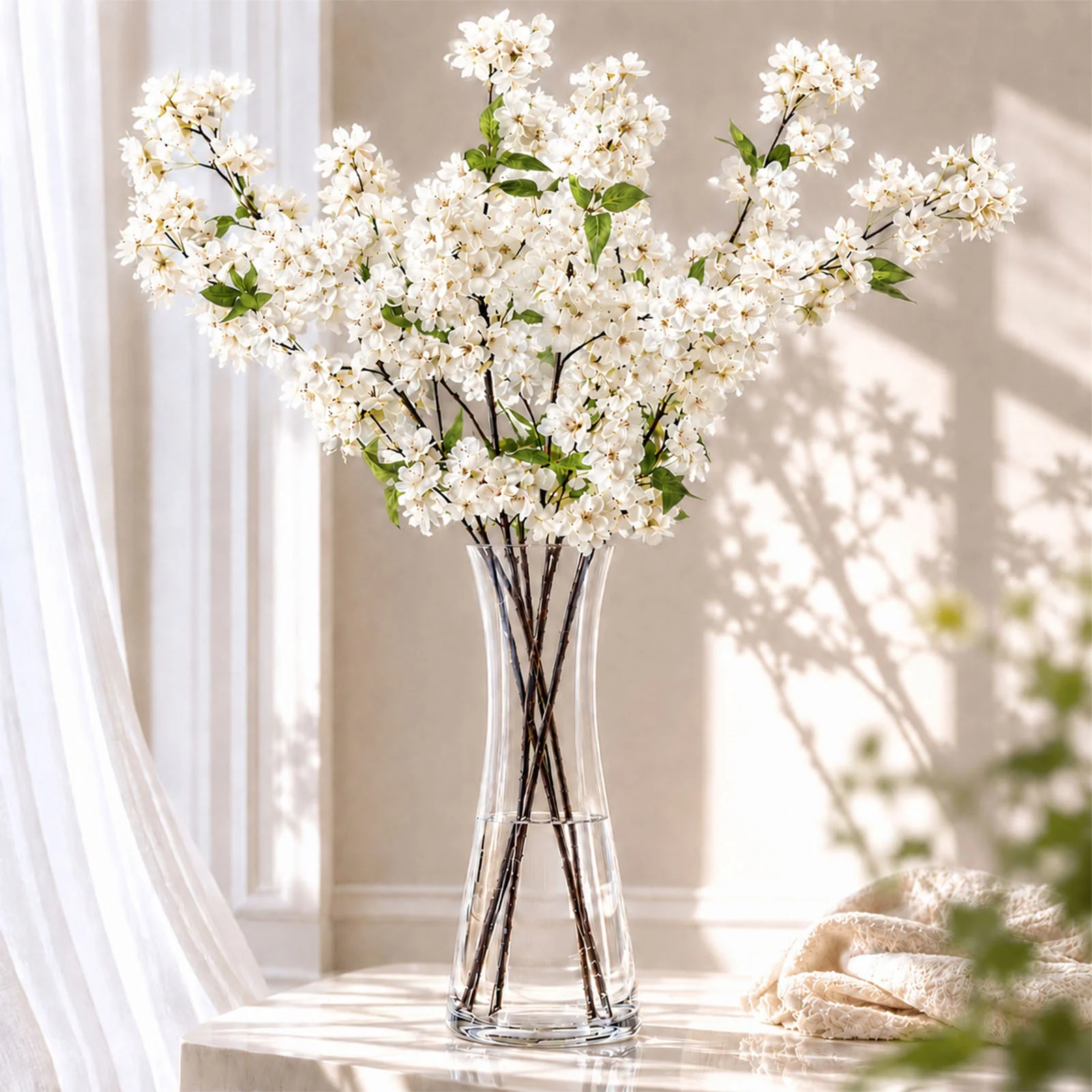 4 Stems Artificial Silk Cherry Blossom Flower Branches White – 40" Tall - Image 6