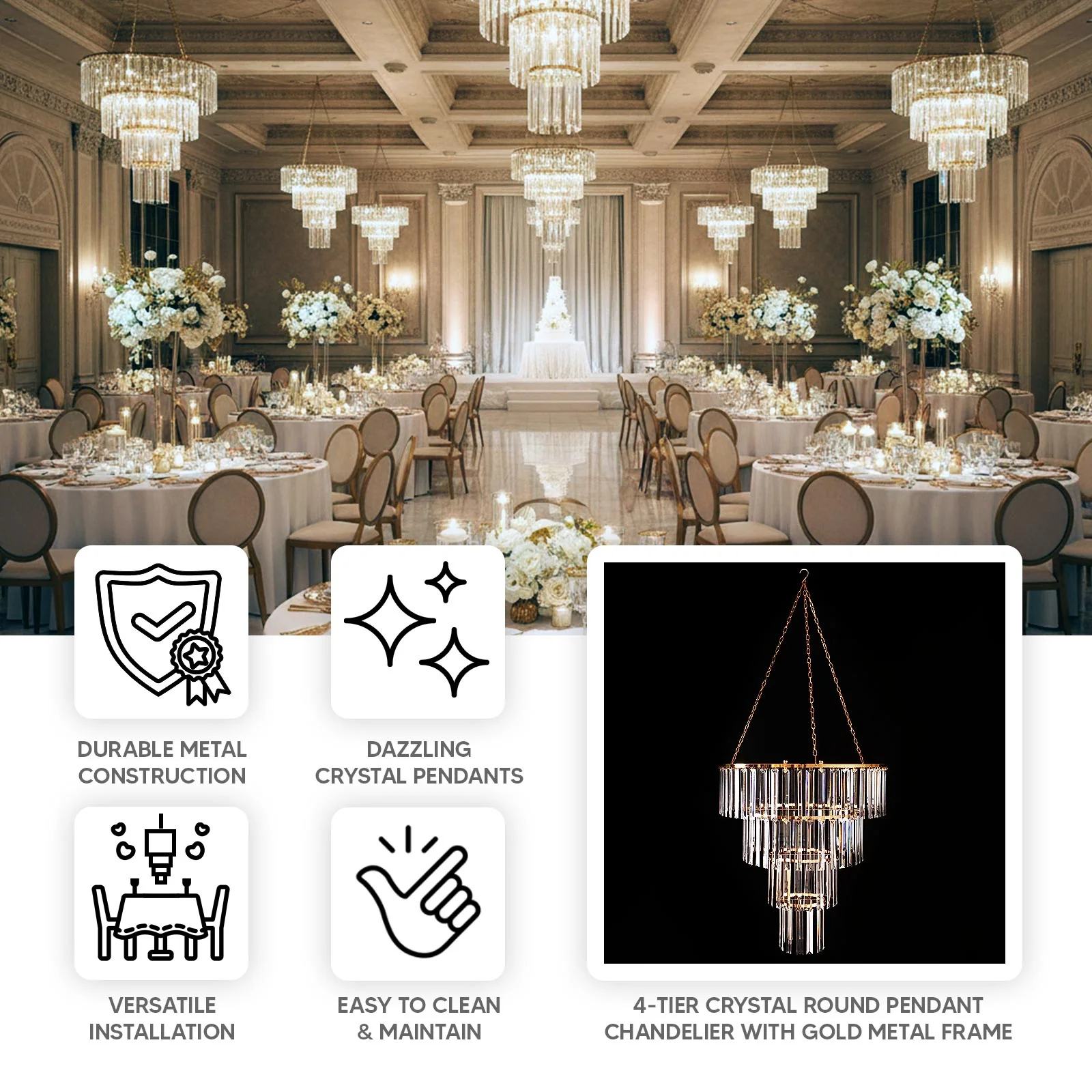 Crystal Pendant Chandelier with Gold Metal Frame, 4-Tier Round Hanging Light Fixture with Chain and Hook - Image 4