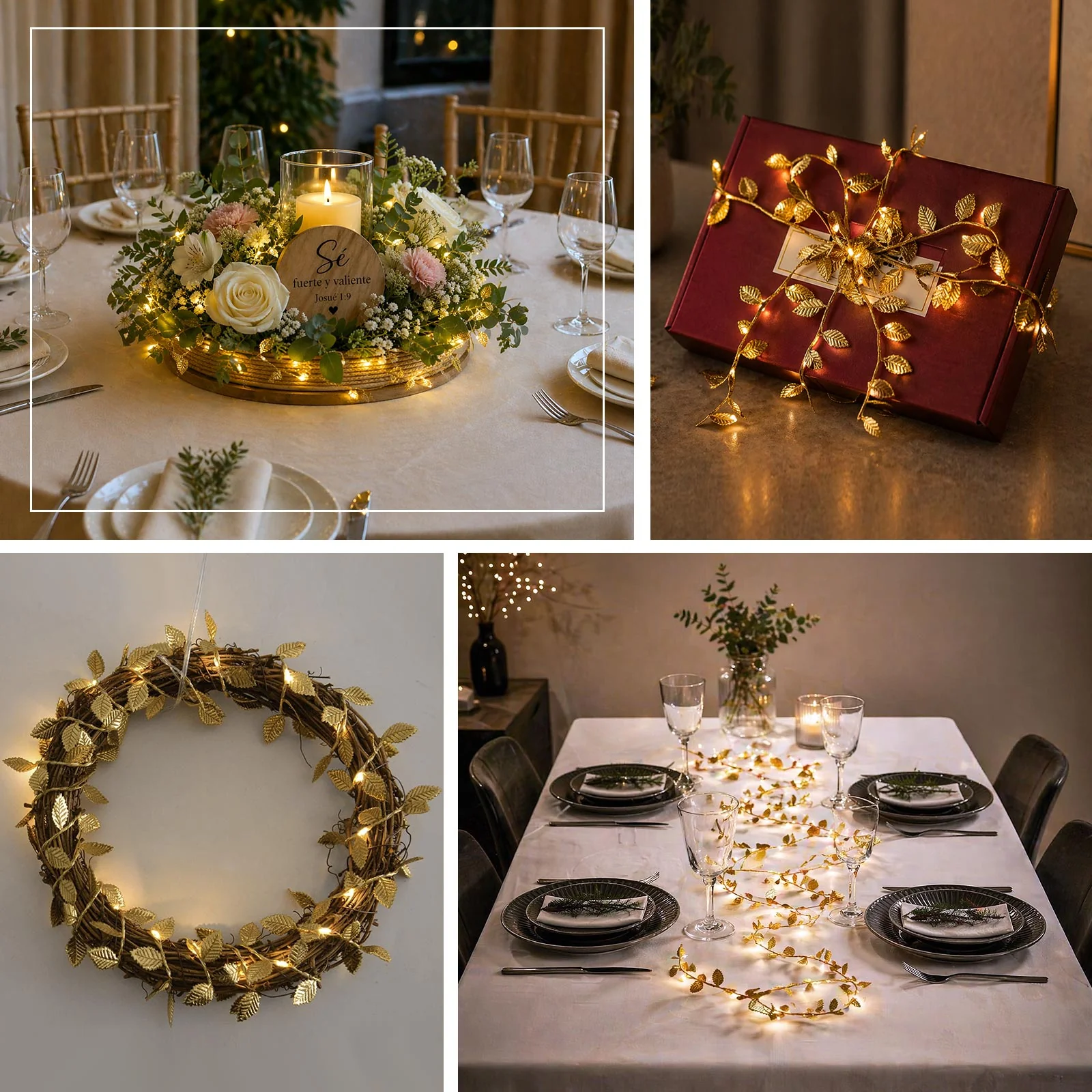 40 LED Garland String Lights Rose Leaf Design Metallic Gold Warm White - Battery Operated Hanging Décor 15ft - Image 5