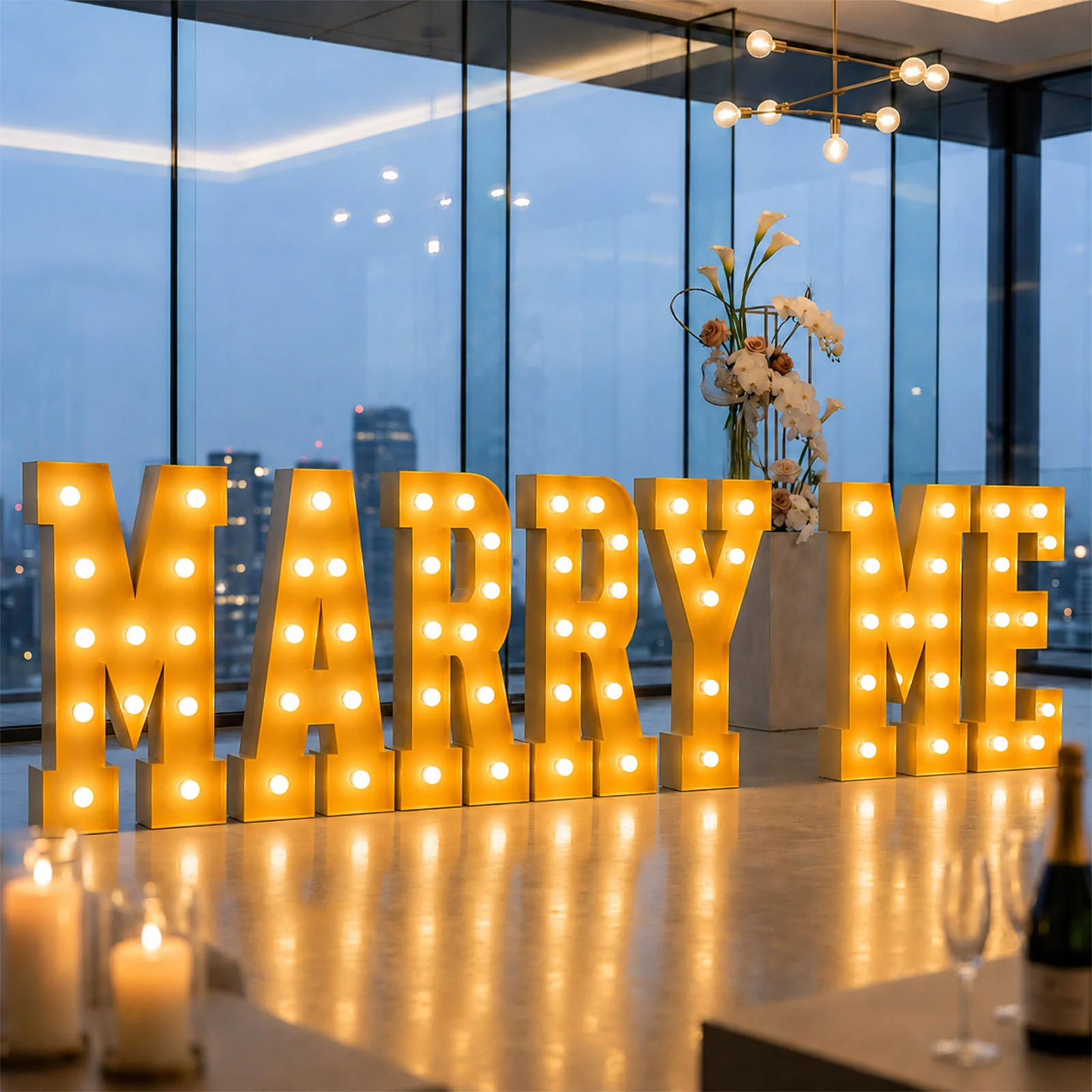 Giant LED Marquee Light Up Letters "MARRY ME", Gold 4ft Pre-Cut Foam Board with Warm White Battery Operated LEDs, Glue Gun and Sticks
