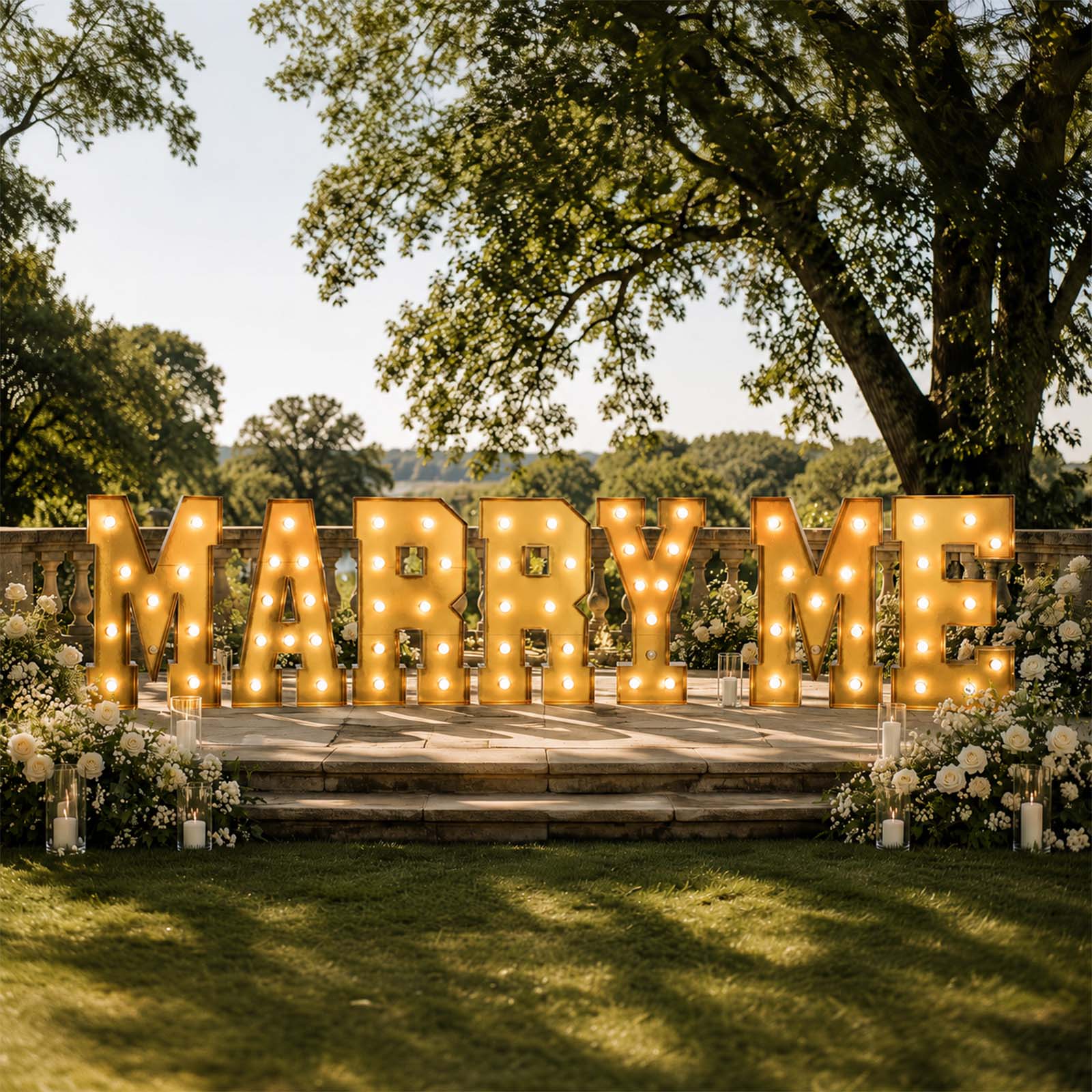 Giant LED Marquee Light Up Letters "MARRY ME", Gold 4ft Pre-Cut Foam Board with Warm White Battery Operated LEDs, Glue Gun and Sticks - Image 4