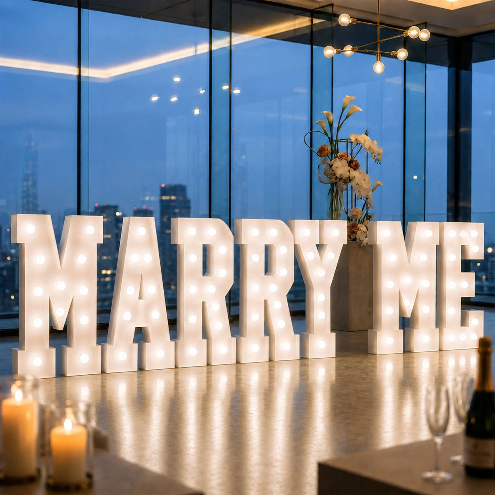 Giant LED Marquee Light Up Letters "MARRY ME", White 4ft Pre-Cut Foam Board with Warm White Battery Operated LEDs, Glue Gun and Sticks