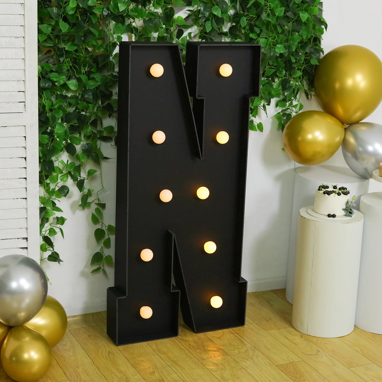 Giant LED Marquee Light Up Letter "N", Black 4ft Pre-Cut Foam Board with 10 Warm White Battery Operated LEDs, Glue Gun and Sticks