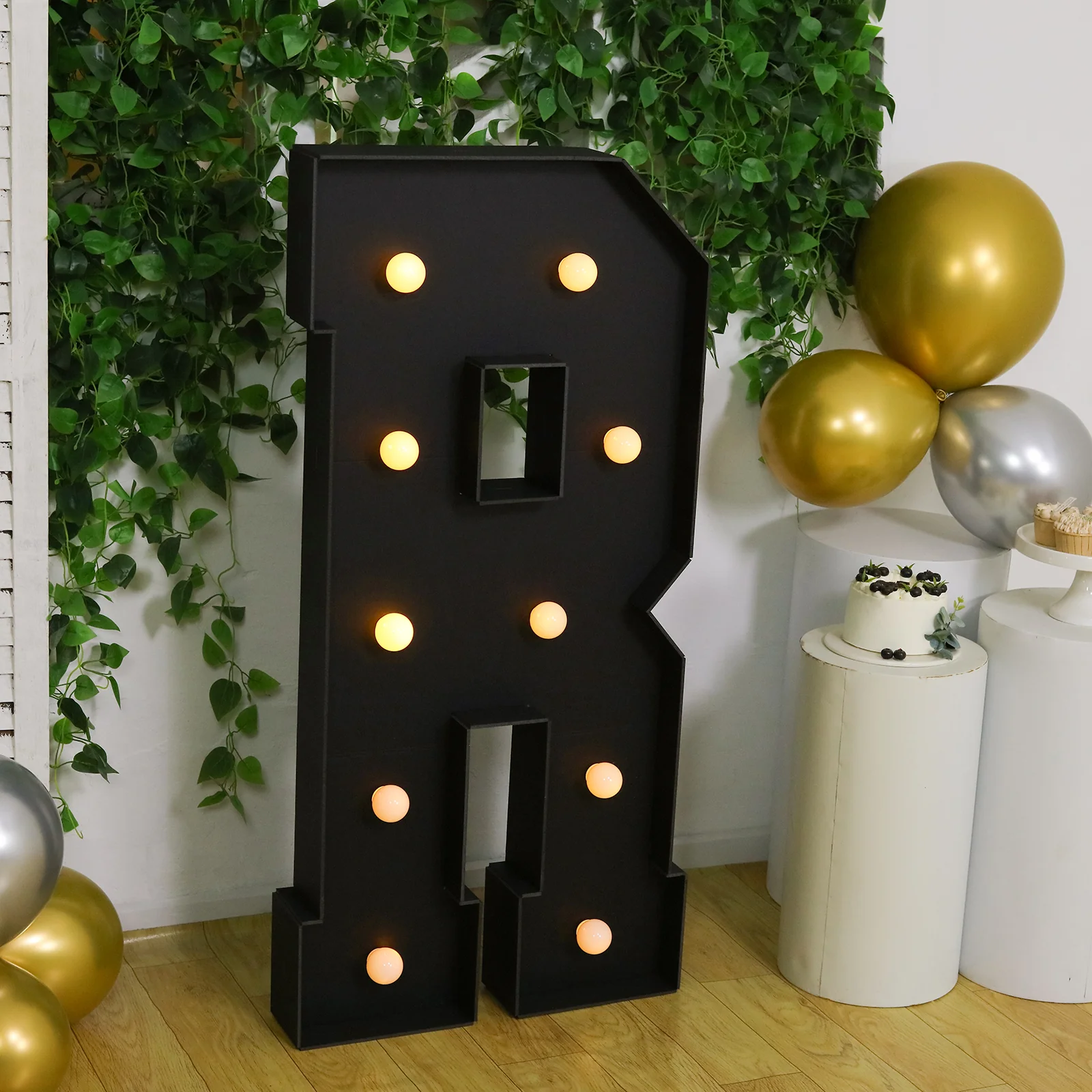 Giant LED Marquee Light Up Letter "R", Black 4ft Pre-Cut Foam Board with 10 Warm White Battery Operated LEDs, Glue Gun and Sticks