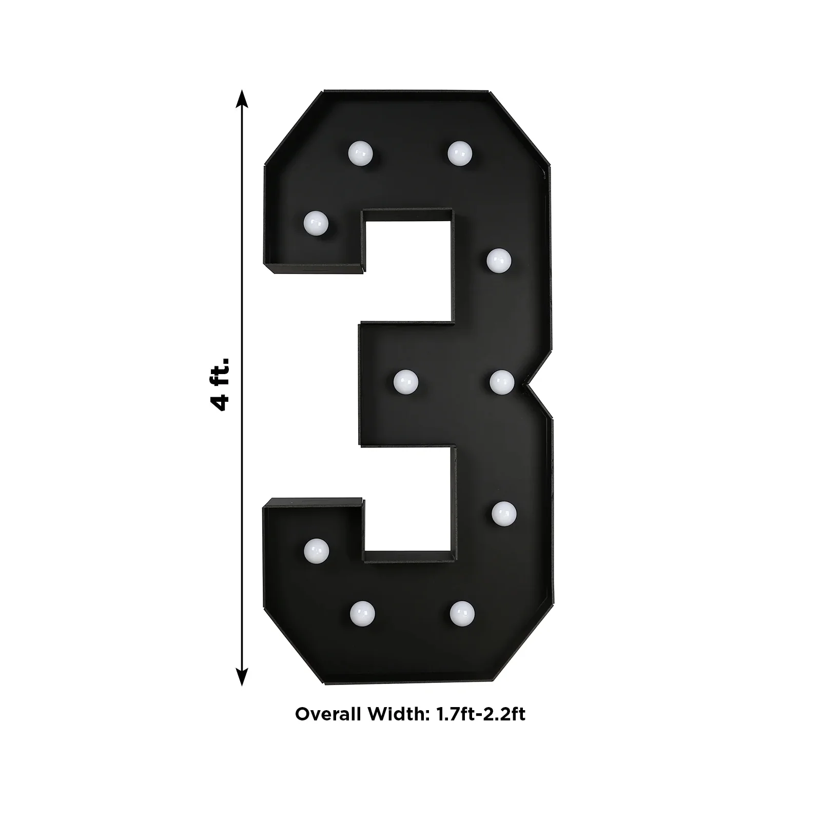 Giant LED Marquee Light Up Number "3", Black 4ft Pre-Cut Foam Board with 10 Warm White Battery Operated LEDs, Glue Gun and Sticks - Image 3