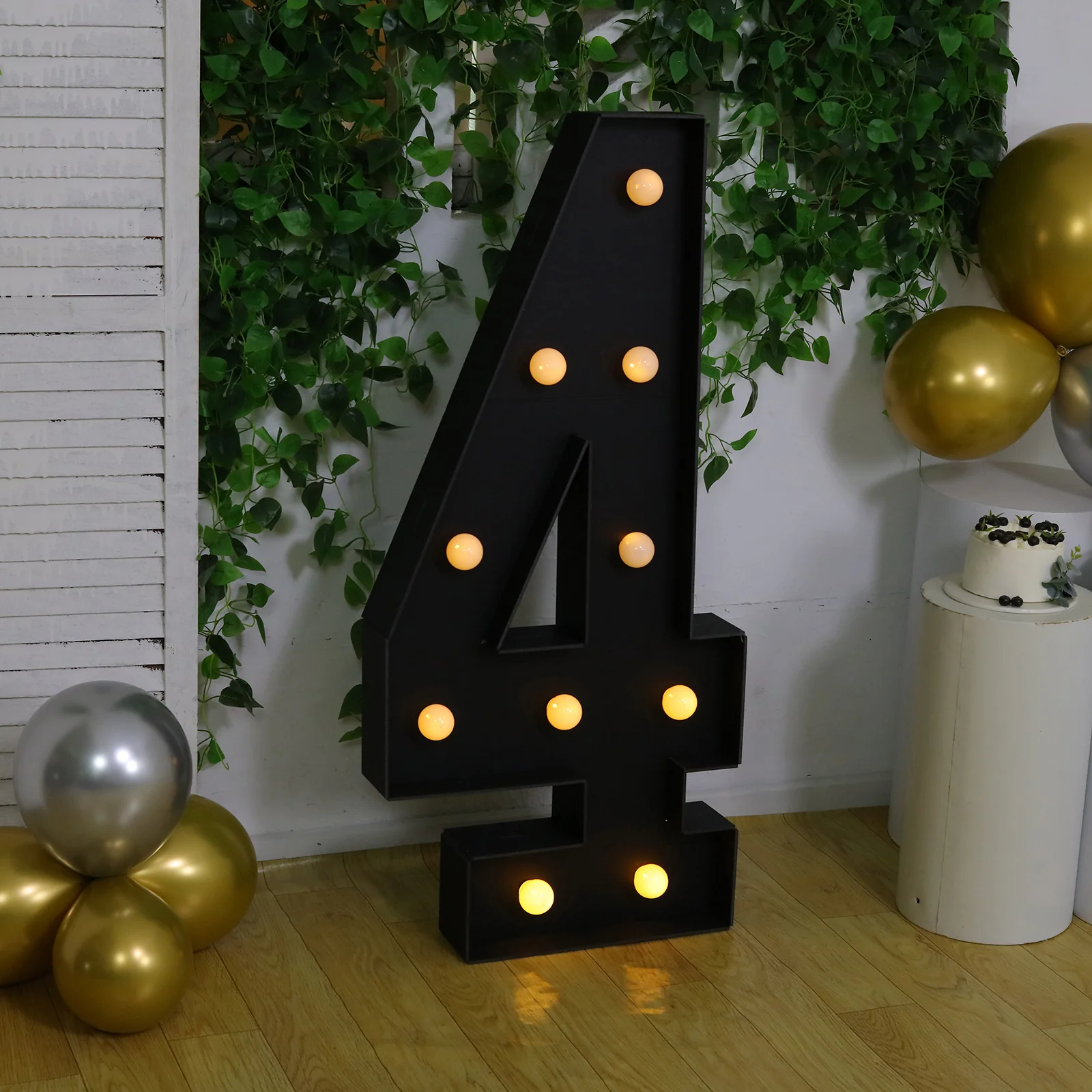 Giant LED Marquee Light Up Number "4", Black 4ft Pre-Cut Foam Board with 10 Warm White Battery Operated LEDs, Glue Gun and Sticks