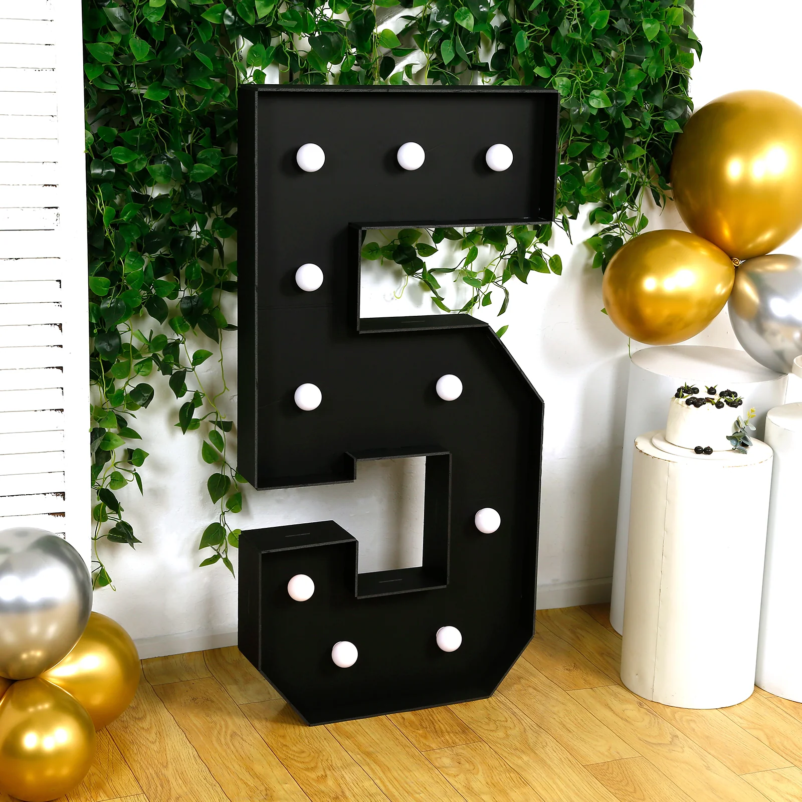 Giant LED Marquee Light Up Number "5", Black 4ft Pre-Cut Foam Board with 10 Warm White Battery Operated LEDs, Glue Gun and Sticks