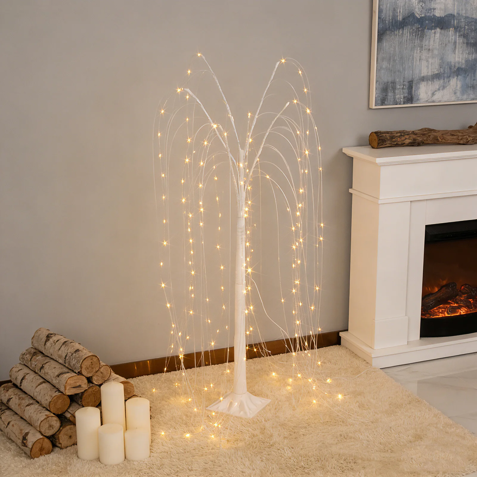 LED Weeping Willow Tree Light, 4ft Battery Operated White Decorative Tree with 180 Warm White LEDs - Image 3