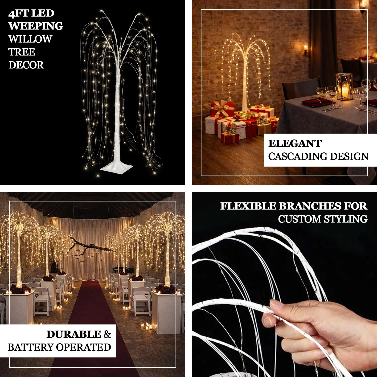 LED Weeping Willow Tree Light, 4ft Battery Operated White Decorative Tree with 180 Warm White LEDs - Image 4