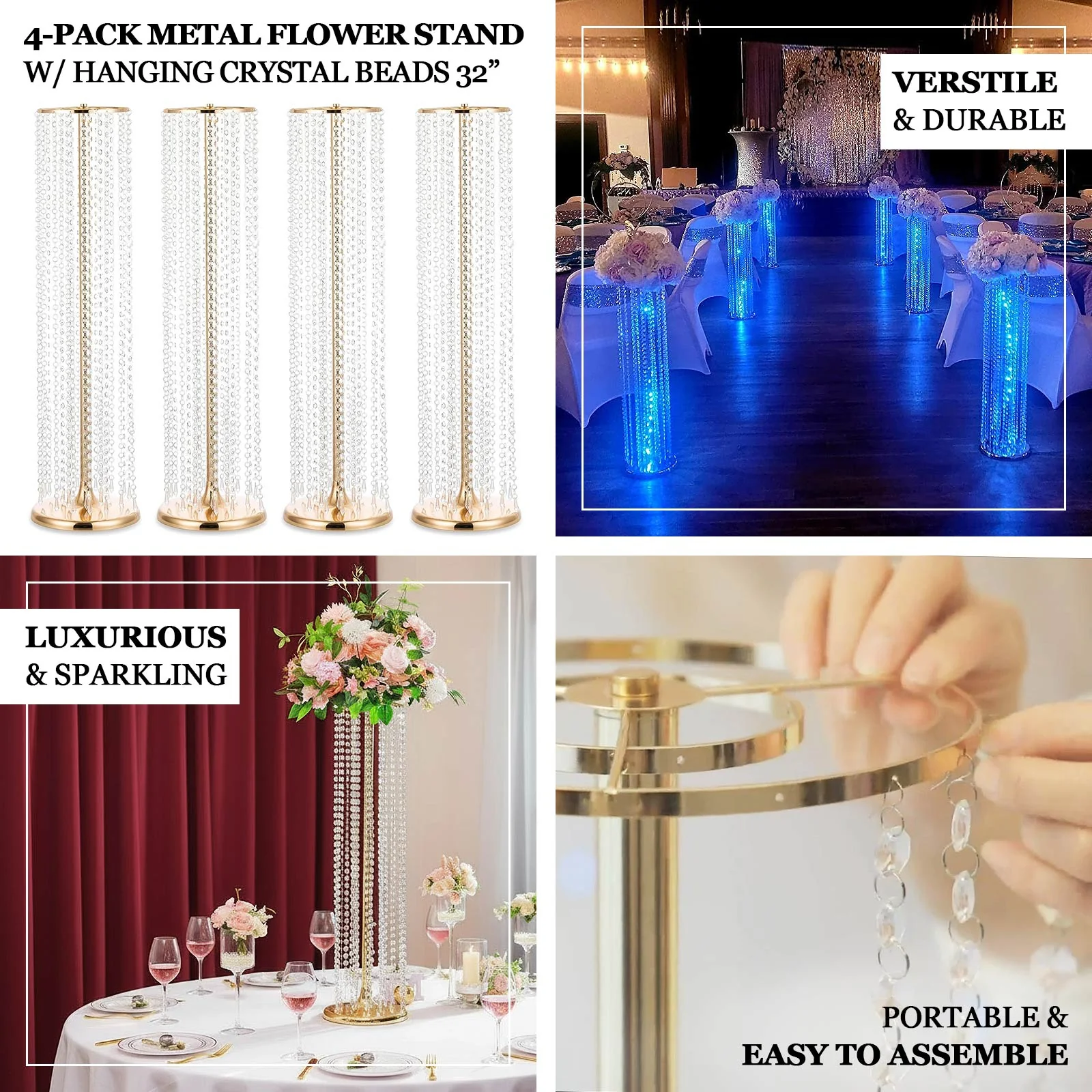 4-Pack Gold Metal Flower Stand Vases with Hanging Crystal Beads – 32" Tall Decorative Column Centerpieces for Events and Table Décor - Image 4
