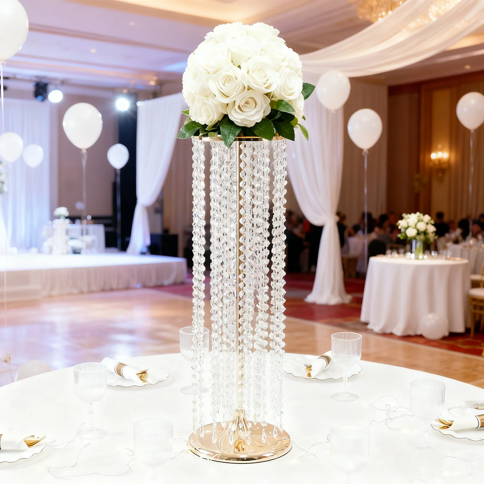 4-Pack Gold Metal Flower Stand Vases with Hanging Crystal Beads – 32" Tall Decorative Column Centerpieces for Events and Table Décor - Image 6