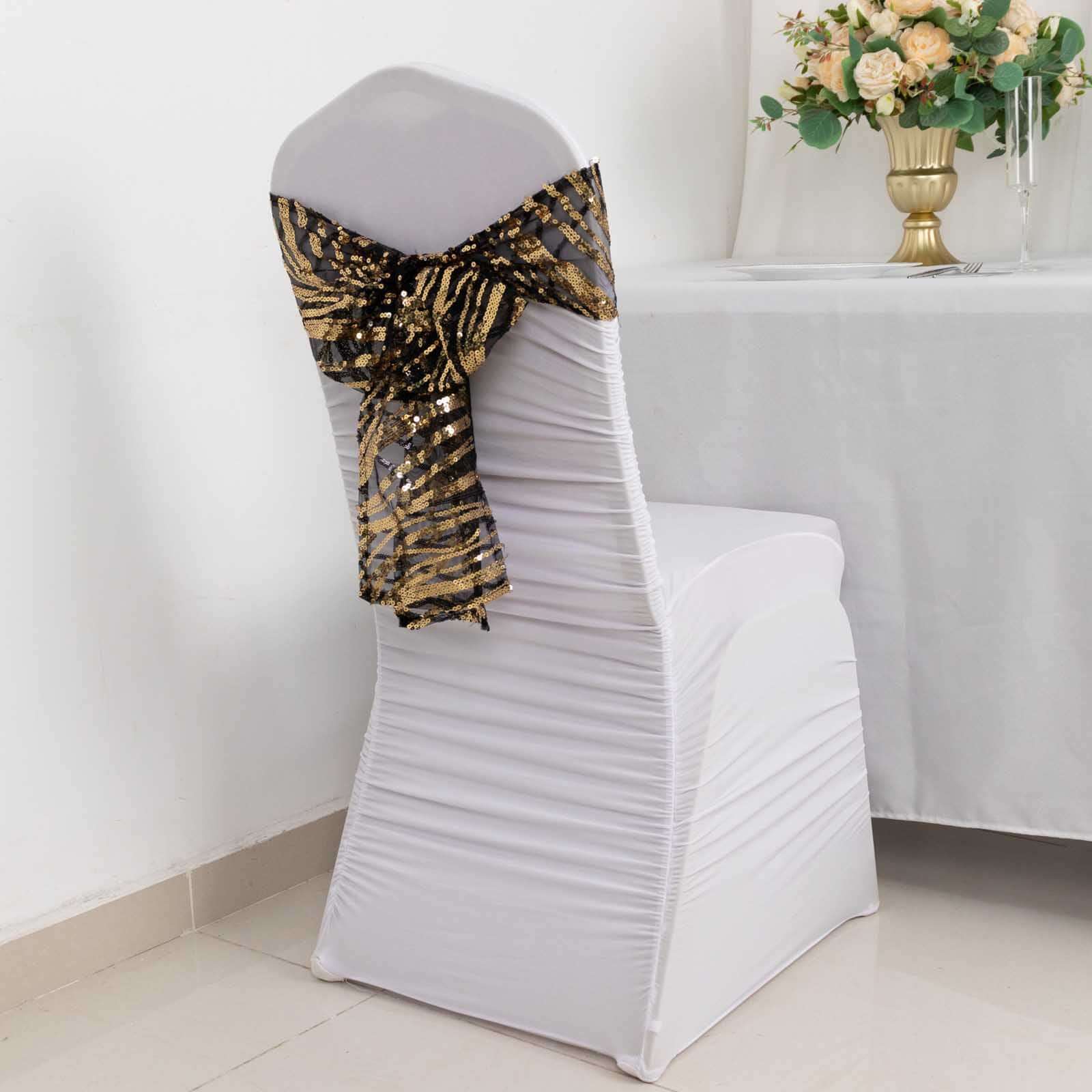5 Pack Chair Sashes with Wave Embroidered Sequins Black/Gold 6"x88" - Stylish Glittering Decor for Weddings - Image 3